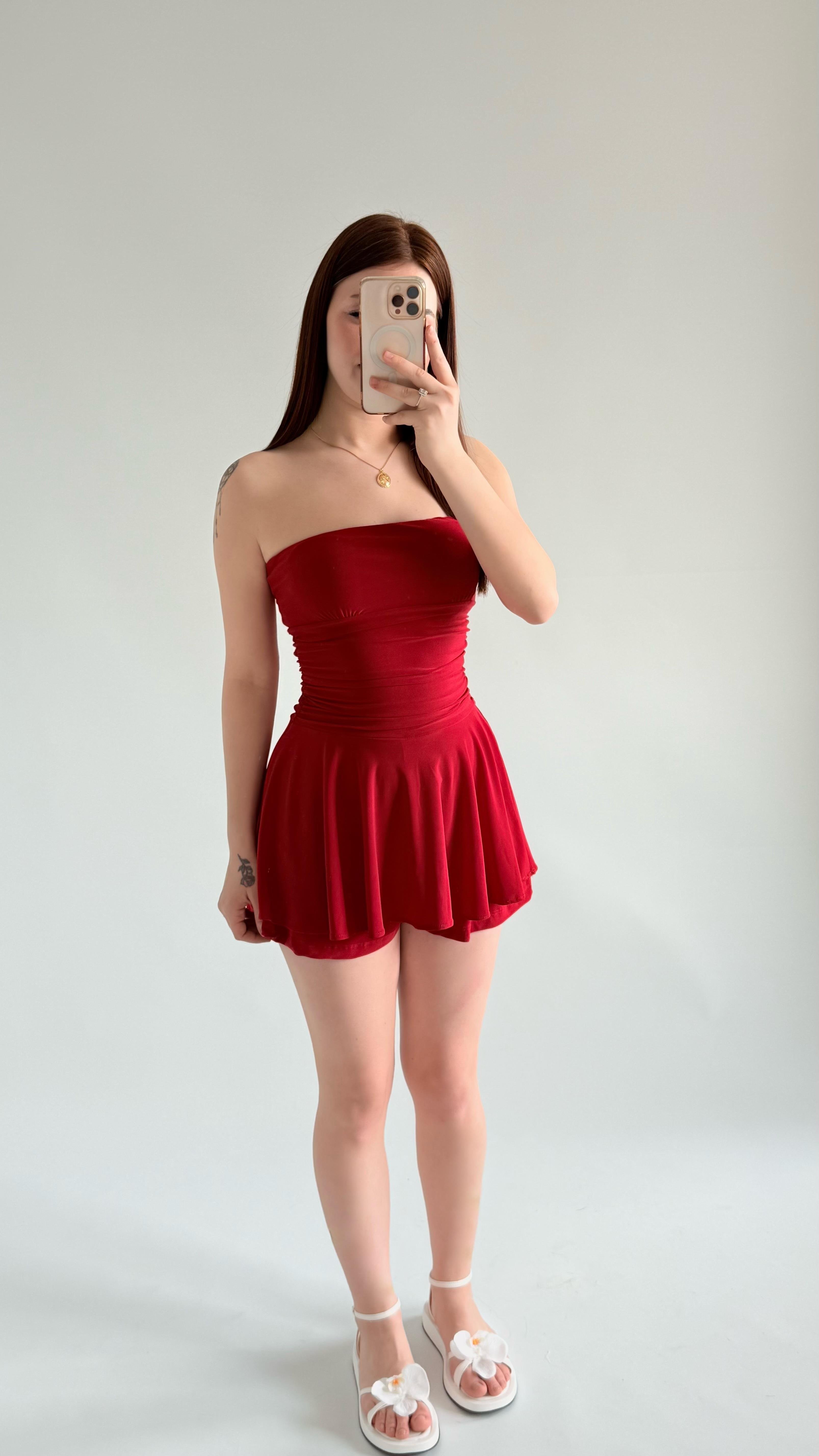 Straplez Şortlu Mini Sandy Elbise Kırmızı