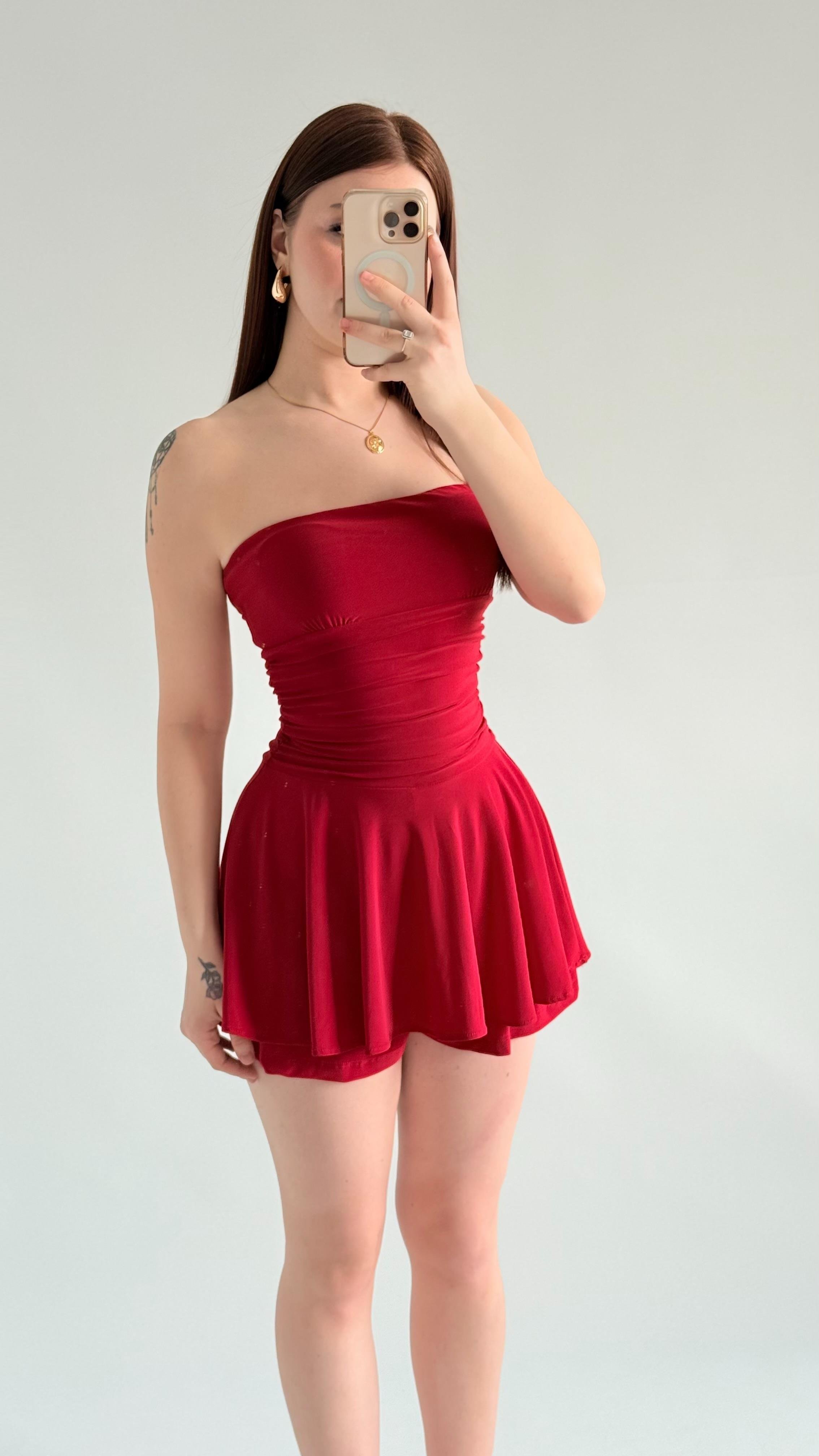 Straplez Şortlu Mini Sandy Elbise Kırmızı
