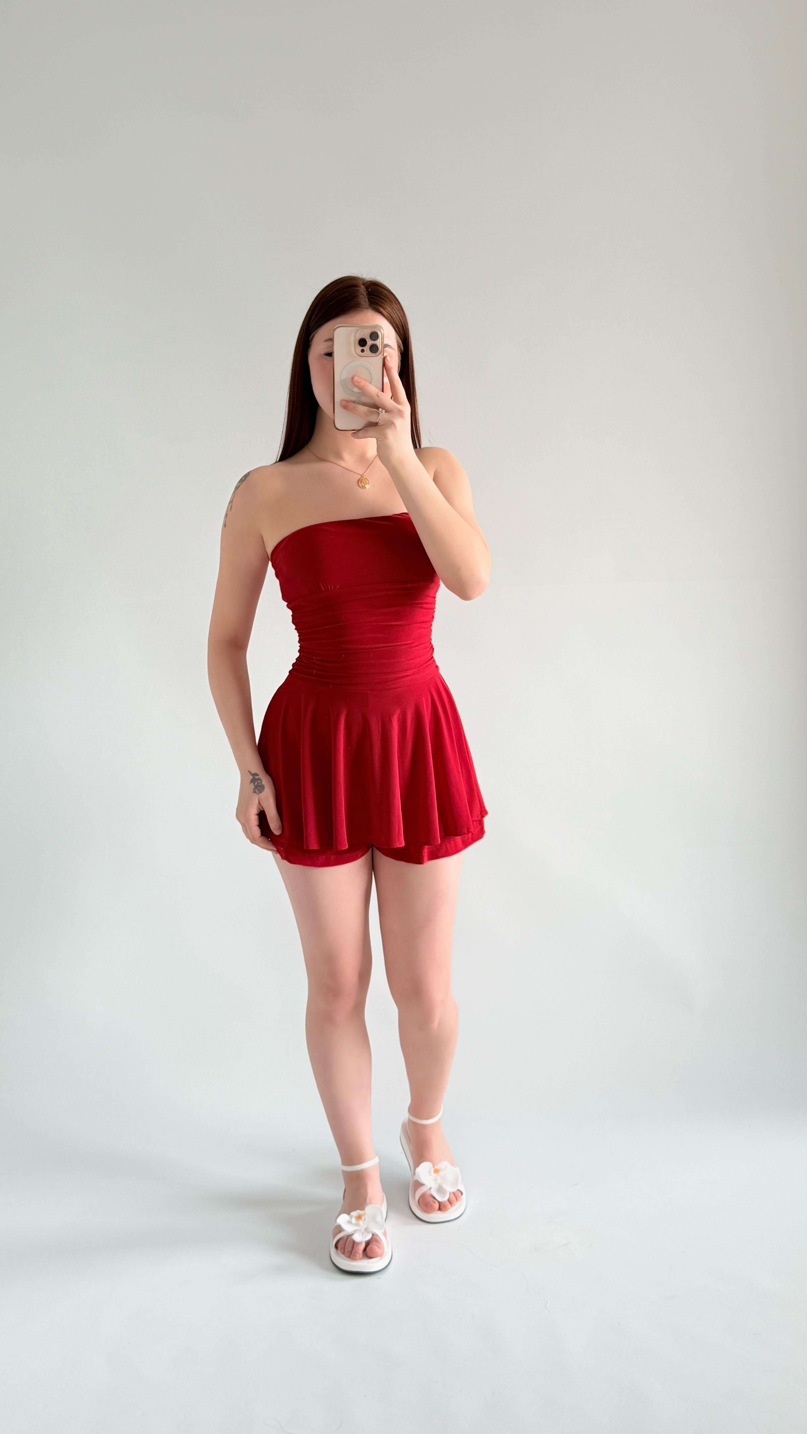 Straplez Şortlu Mini Sandy Elbise Kırmızı