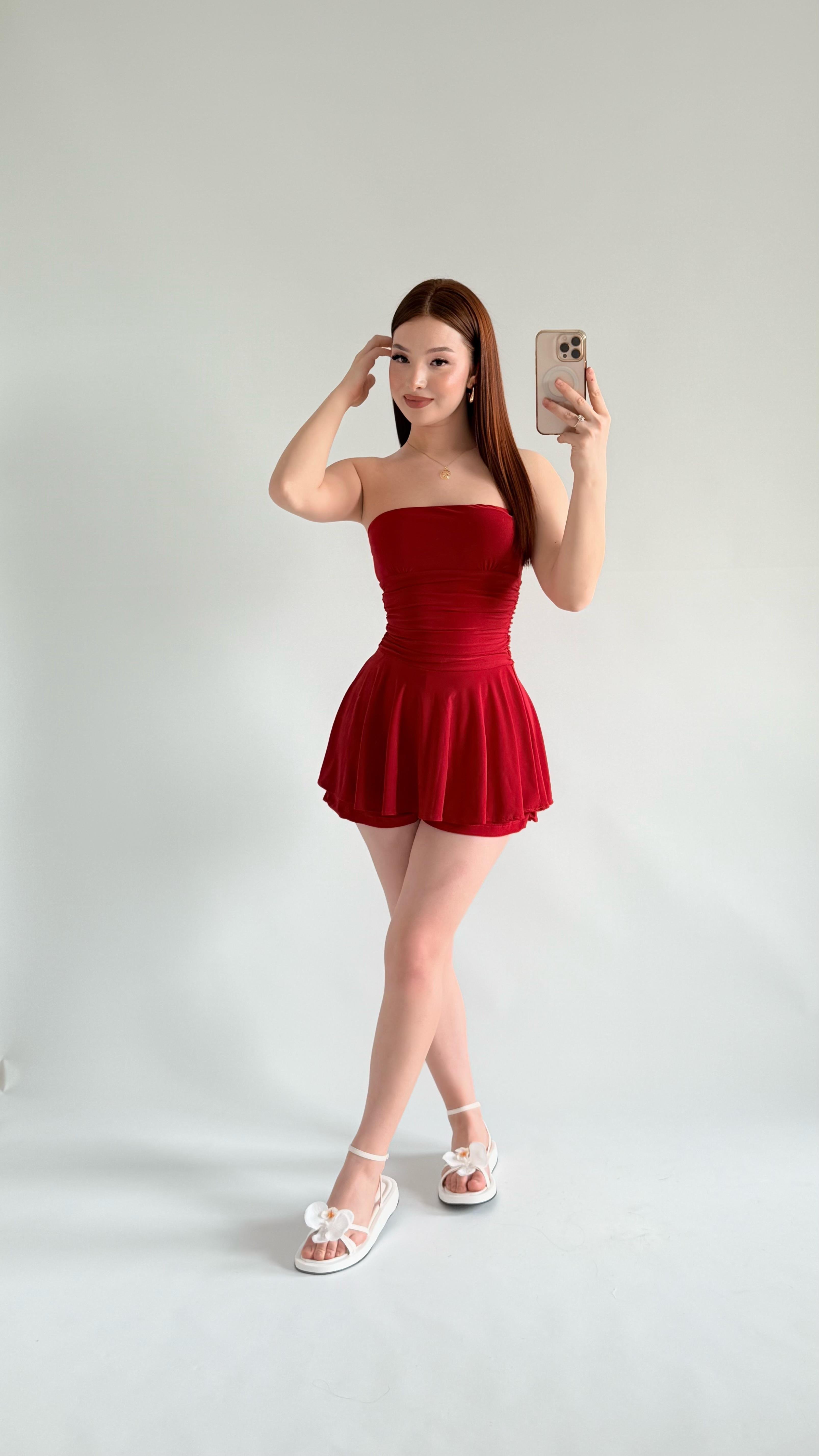 Straplez Şortlu Mini Sandy Elbise Kırmızı