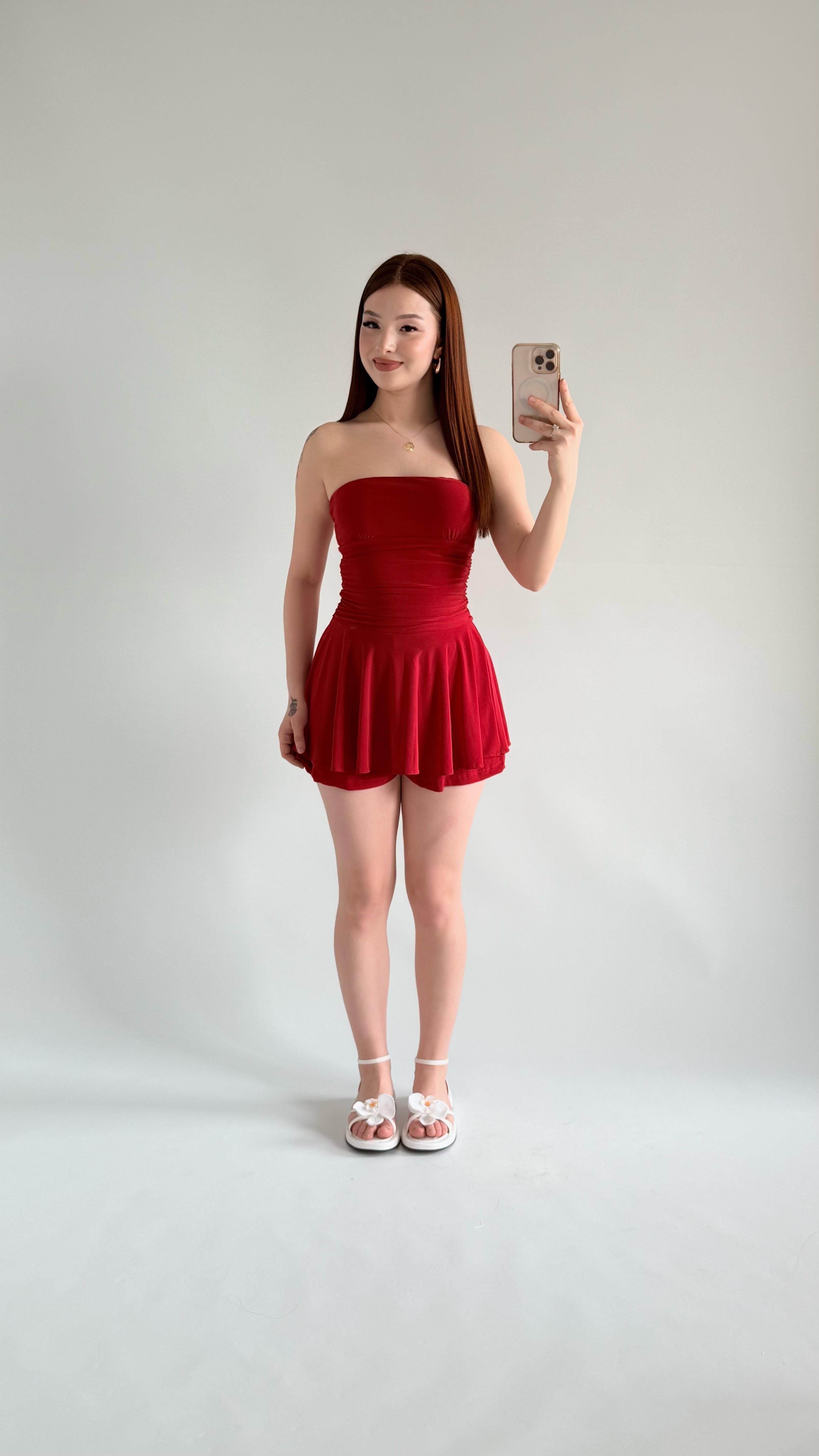 Straplez Şortlu Mini Sandy Elbise Kırmızı
