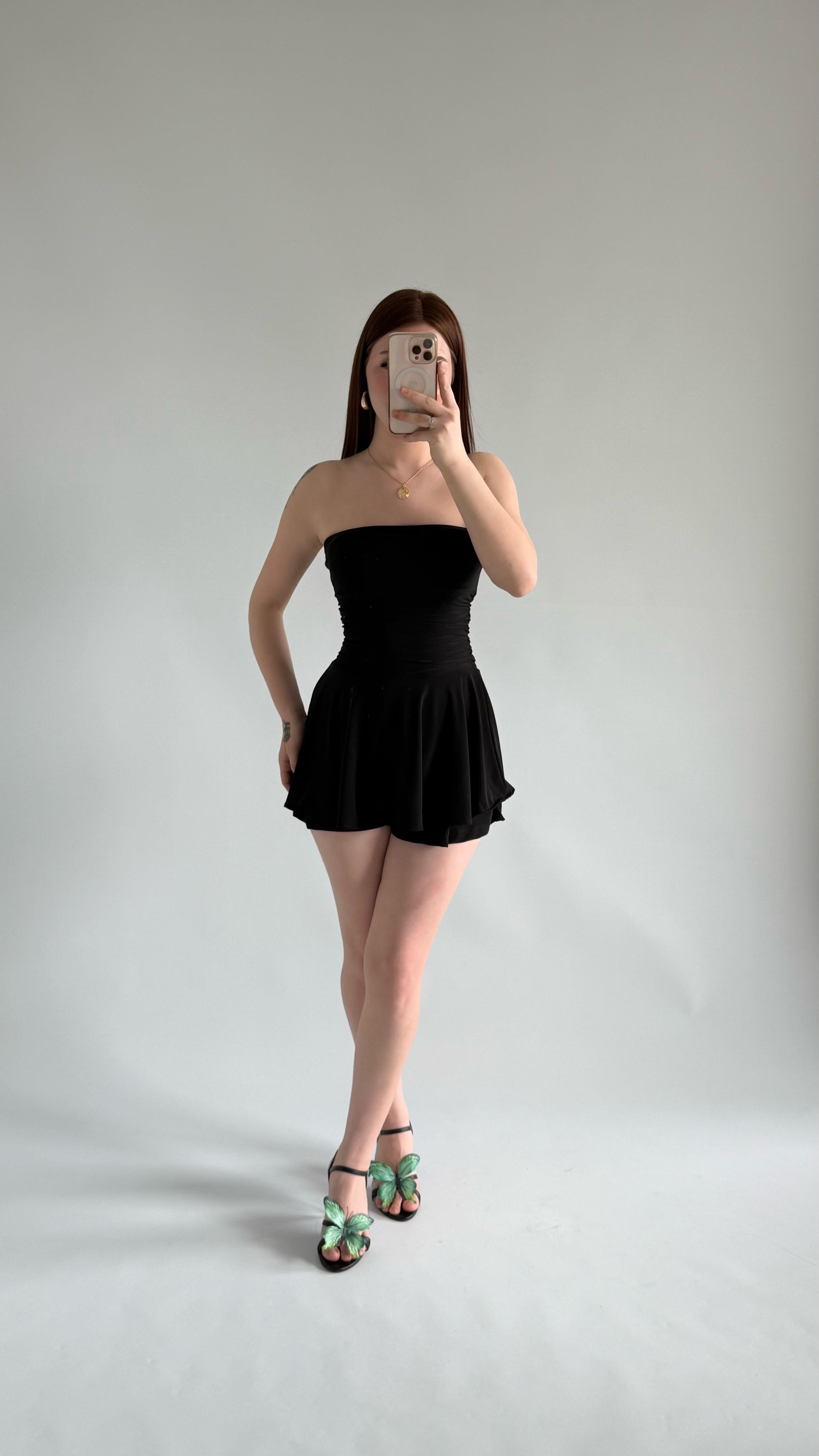 Straplez Şortlu Mini Sandy Elbise Siyah