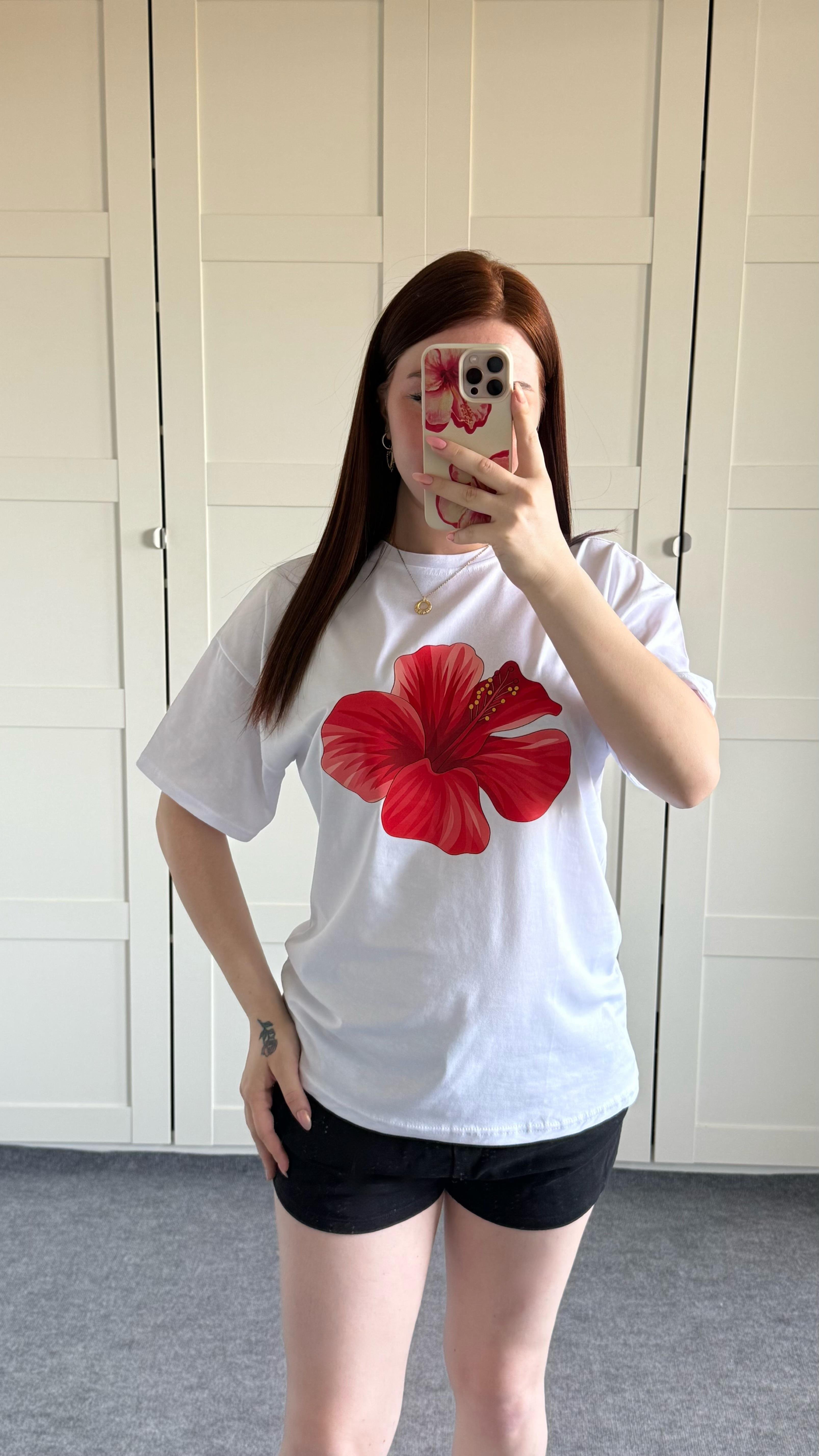 Summer Oversize Tişört Hibiscus Kırmızı Çiçek