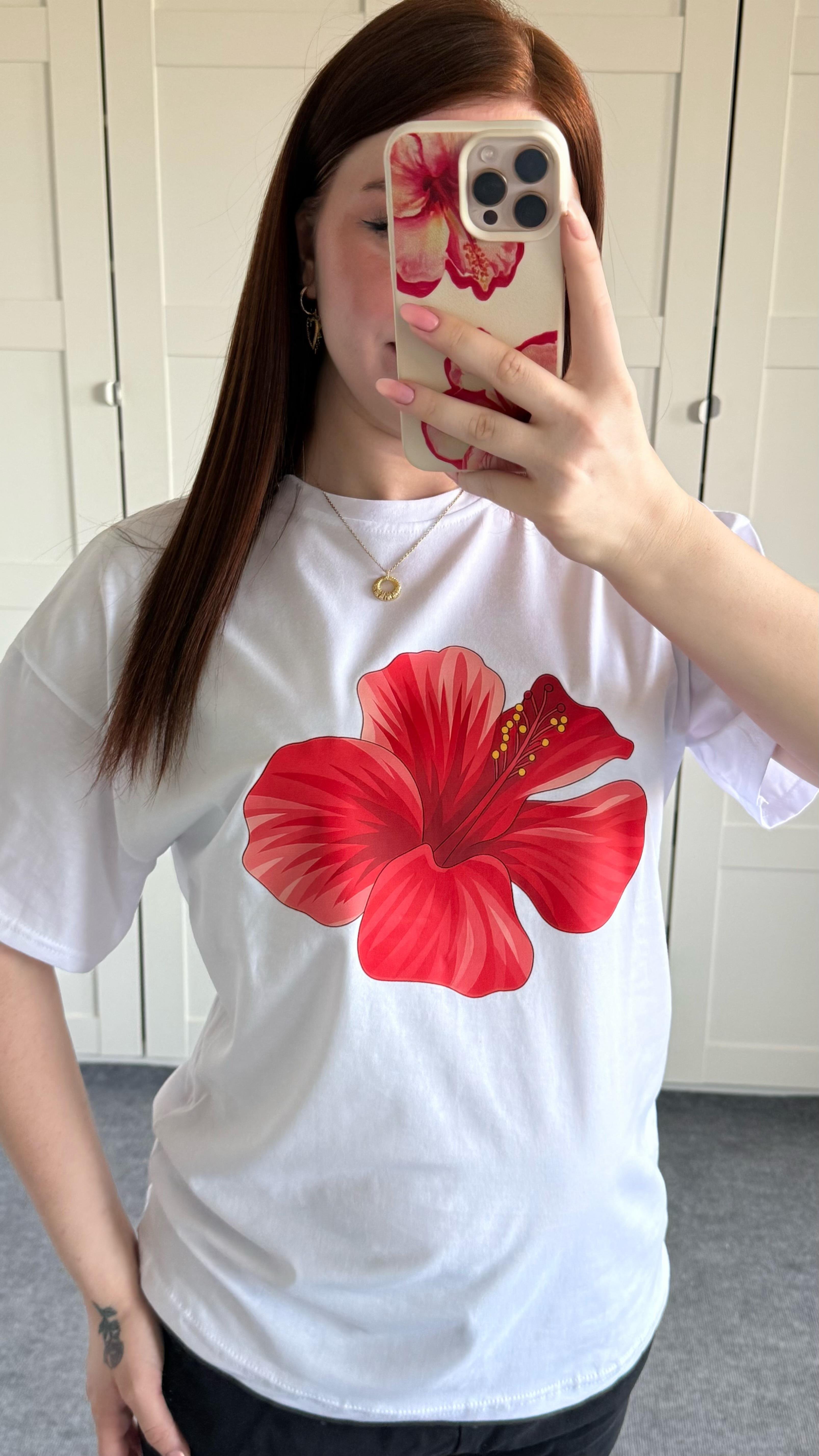 Summer Oversize Tişört Hibiscus Kırmızı Çiçek