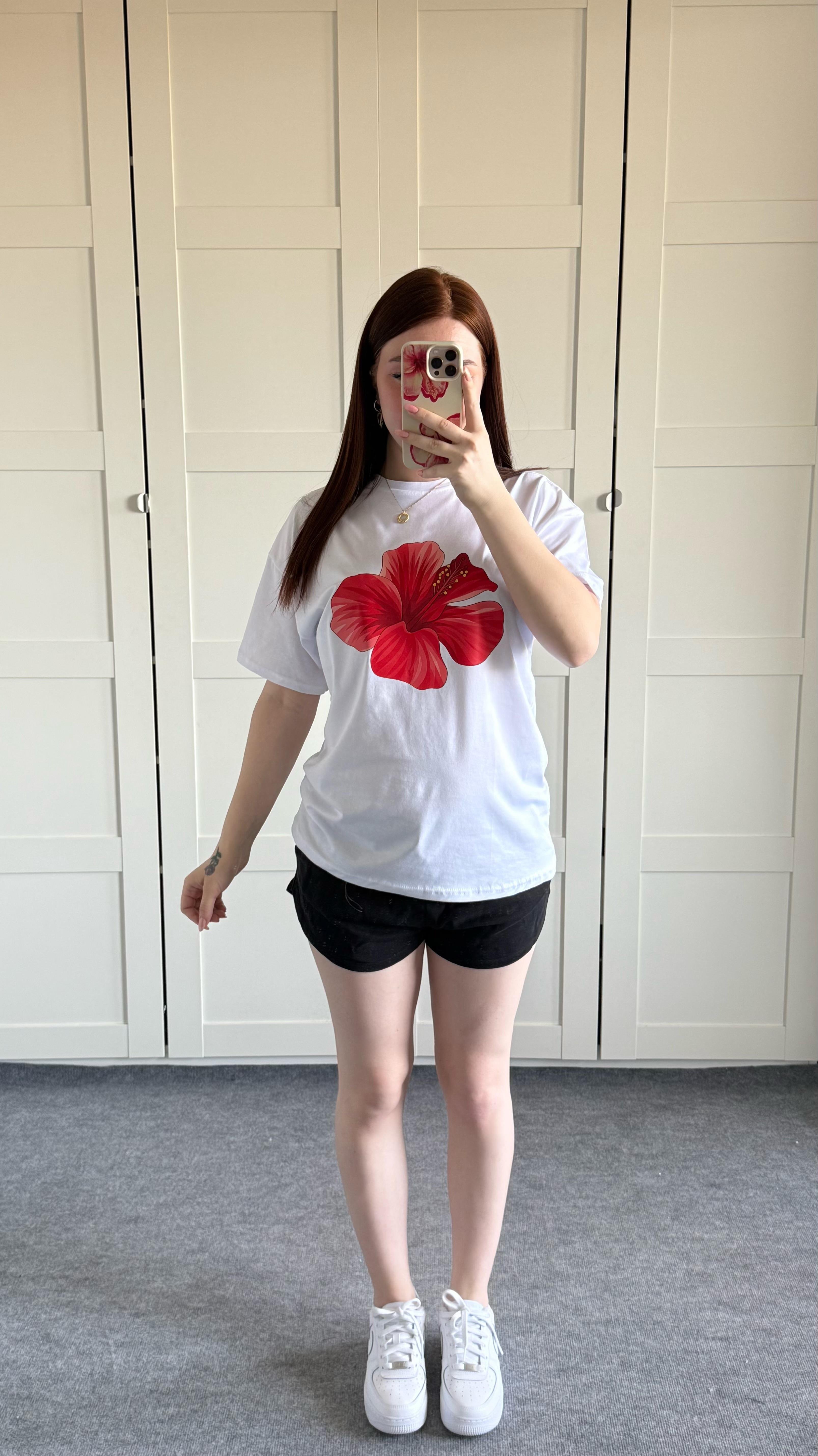Summer Oversize Tişört Hibiscus Kırmızı Çiçek