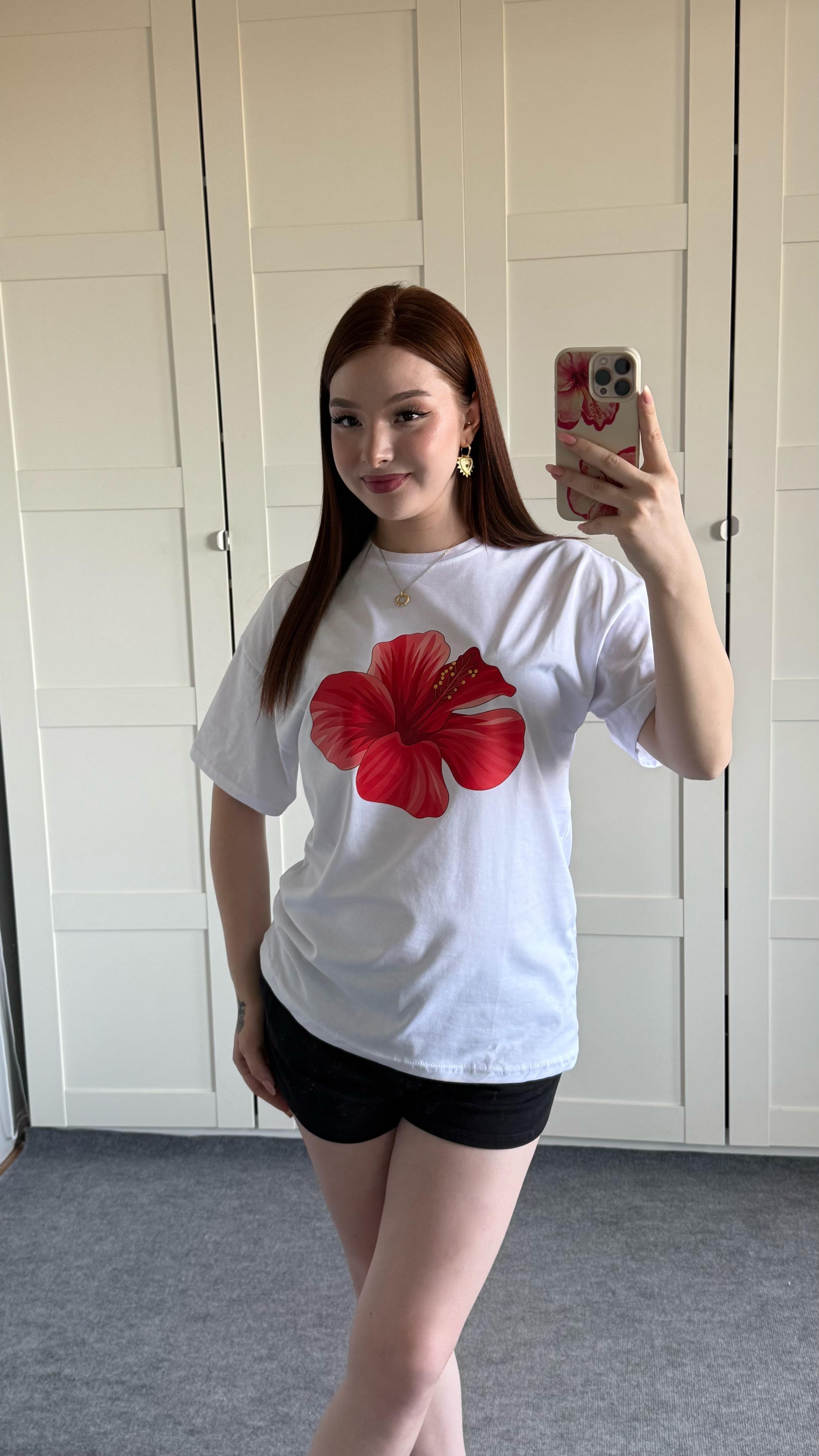 Summer Oversize Tişört Hibiscus Kırmızı Çiçek