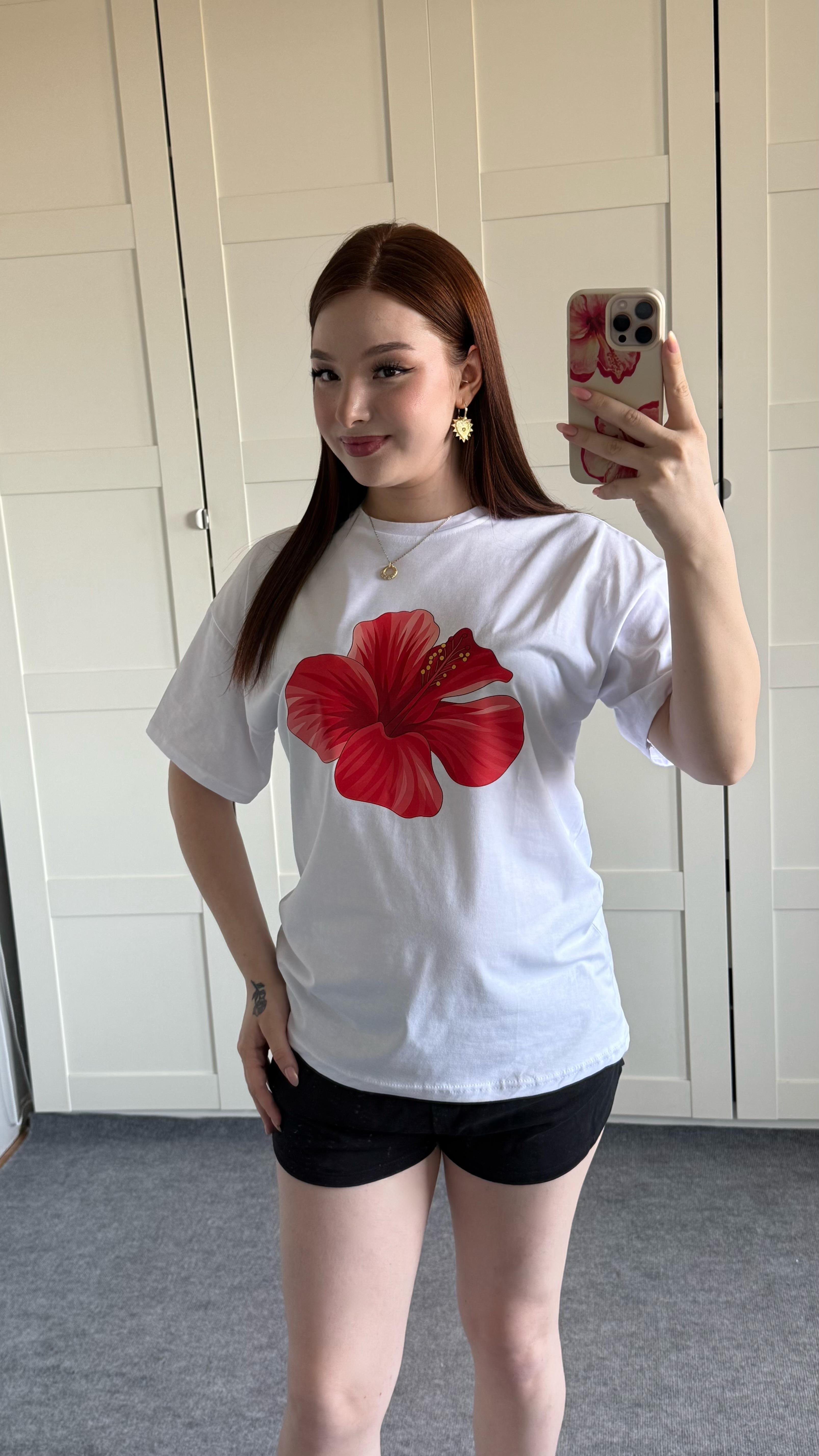 Summer Oversize Tişört Hibiscus Kırmızı Çiçek