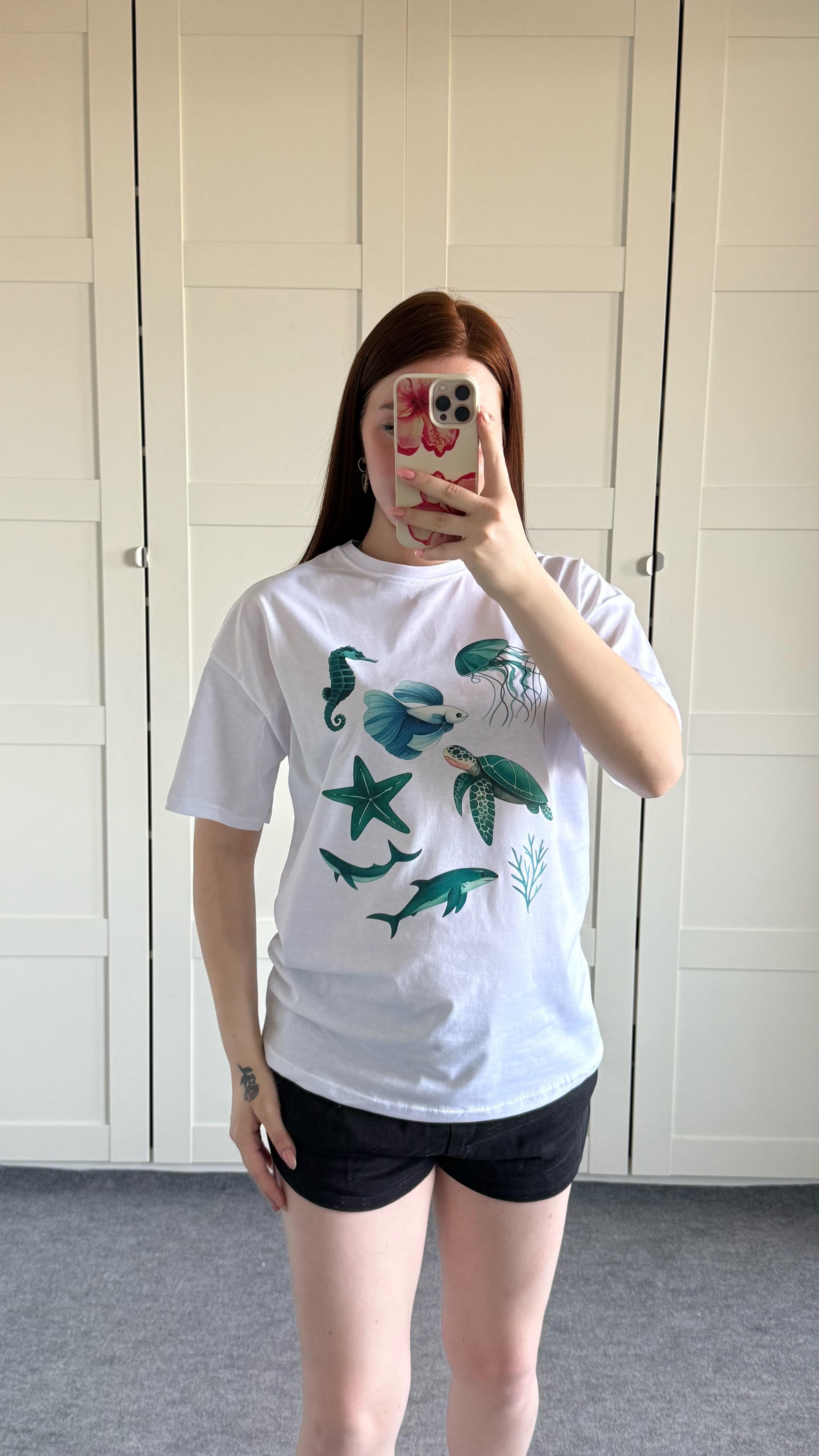 Summer Oversize Tişört Yeşil Kaplumbağa