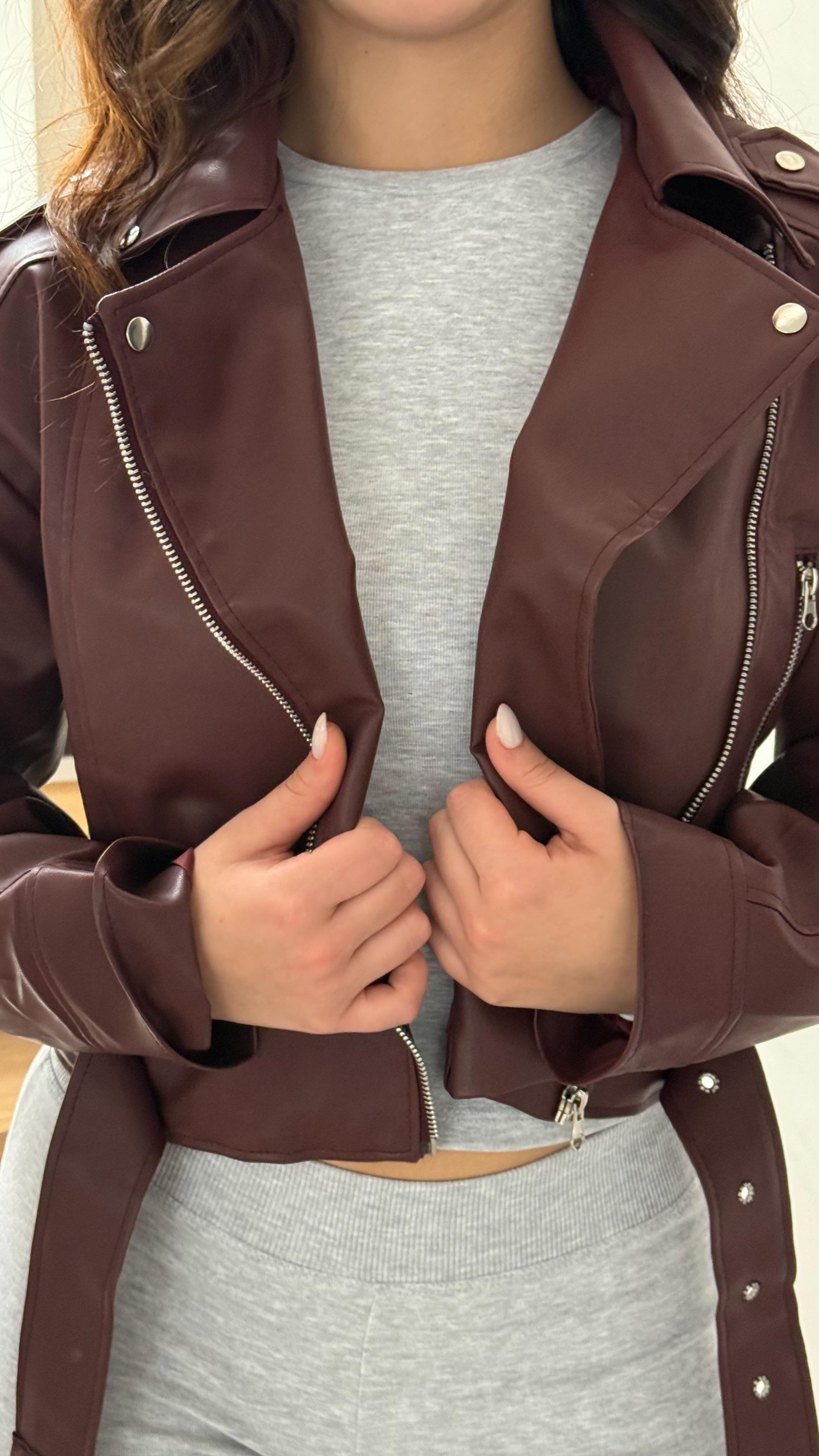 Suni Deri Crop Biker Ceket Bordo