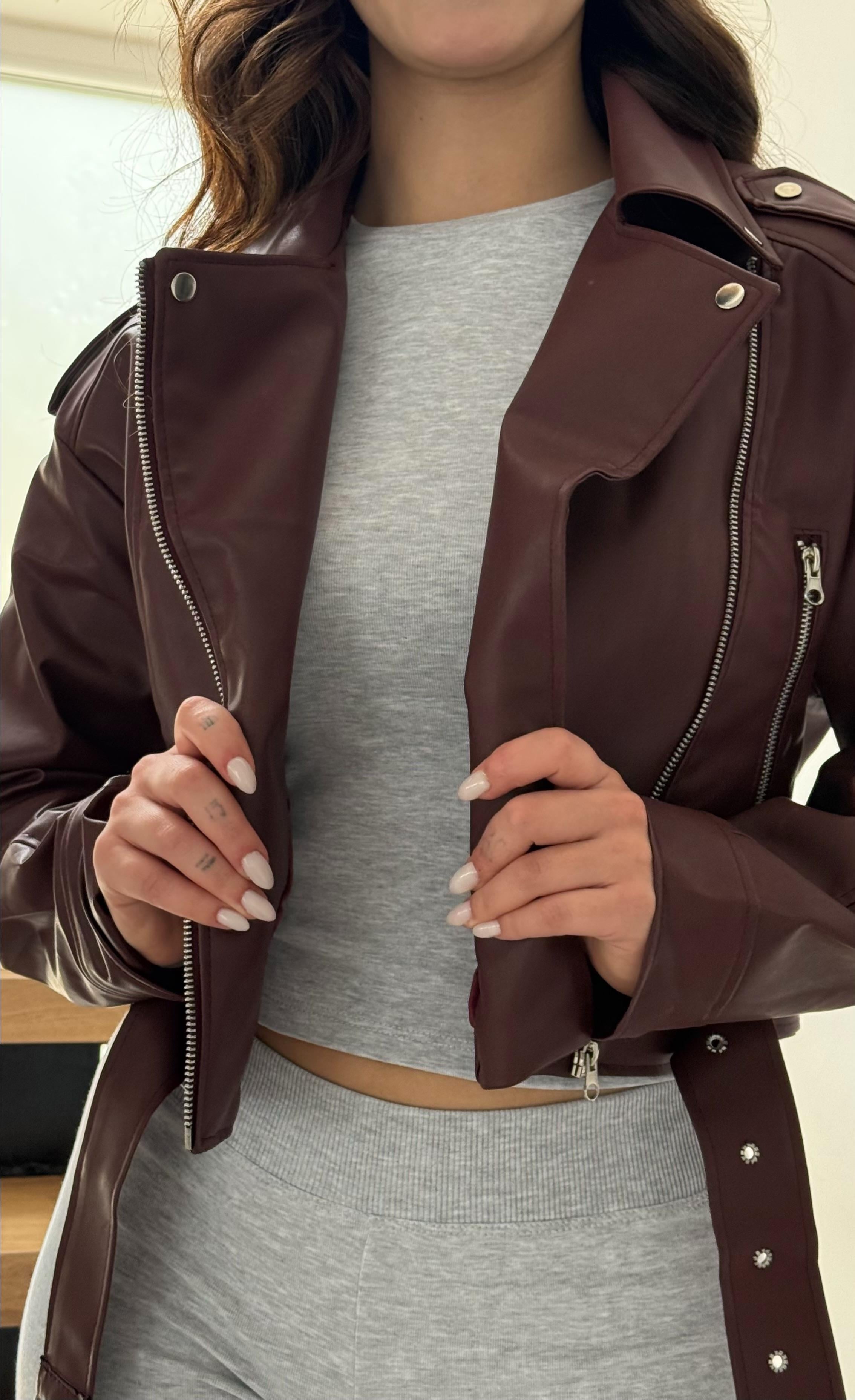 Suni Deri Crop Biker Ceket Bordo
