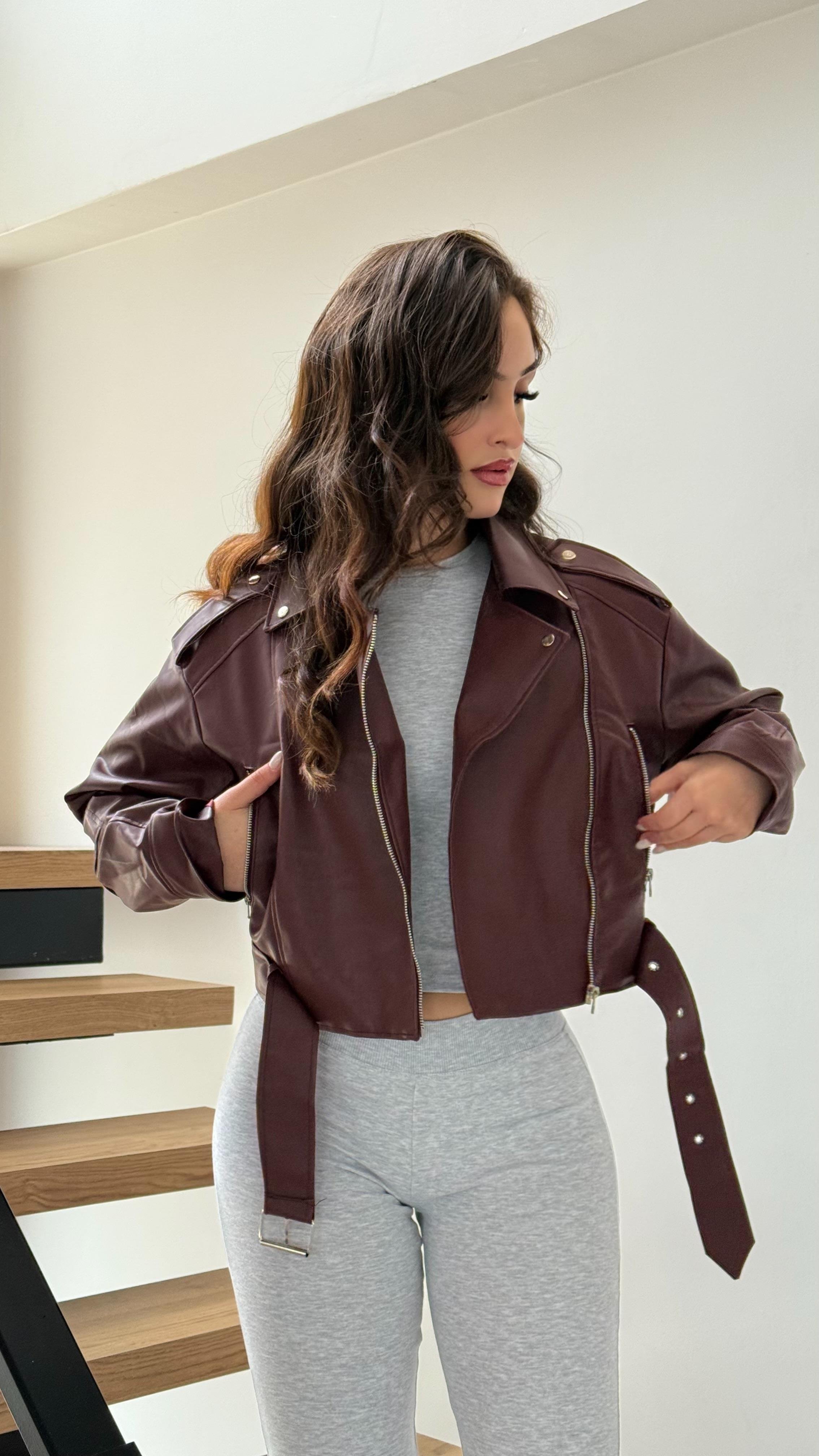Suni Deri Crop Biker Ceket Bordo
