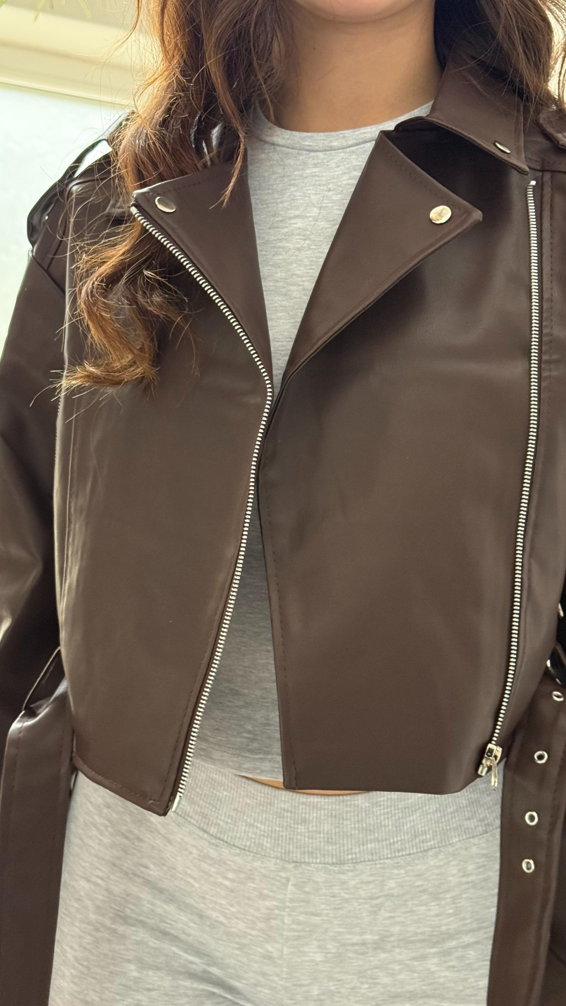 Suni Deri Crop Biker Ceket Kahverengi