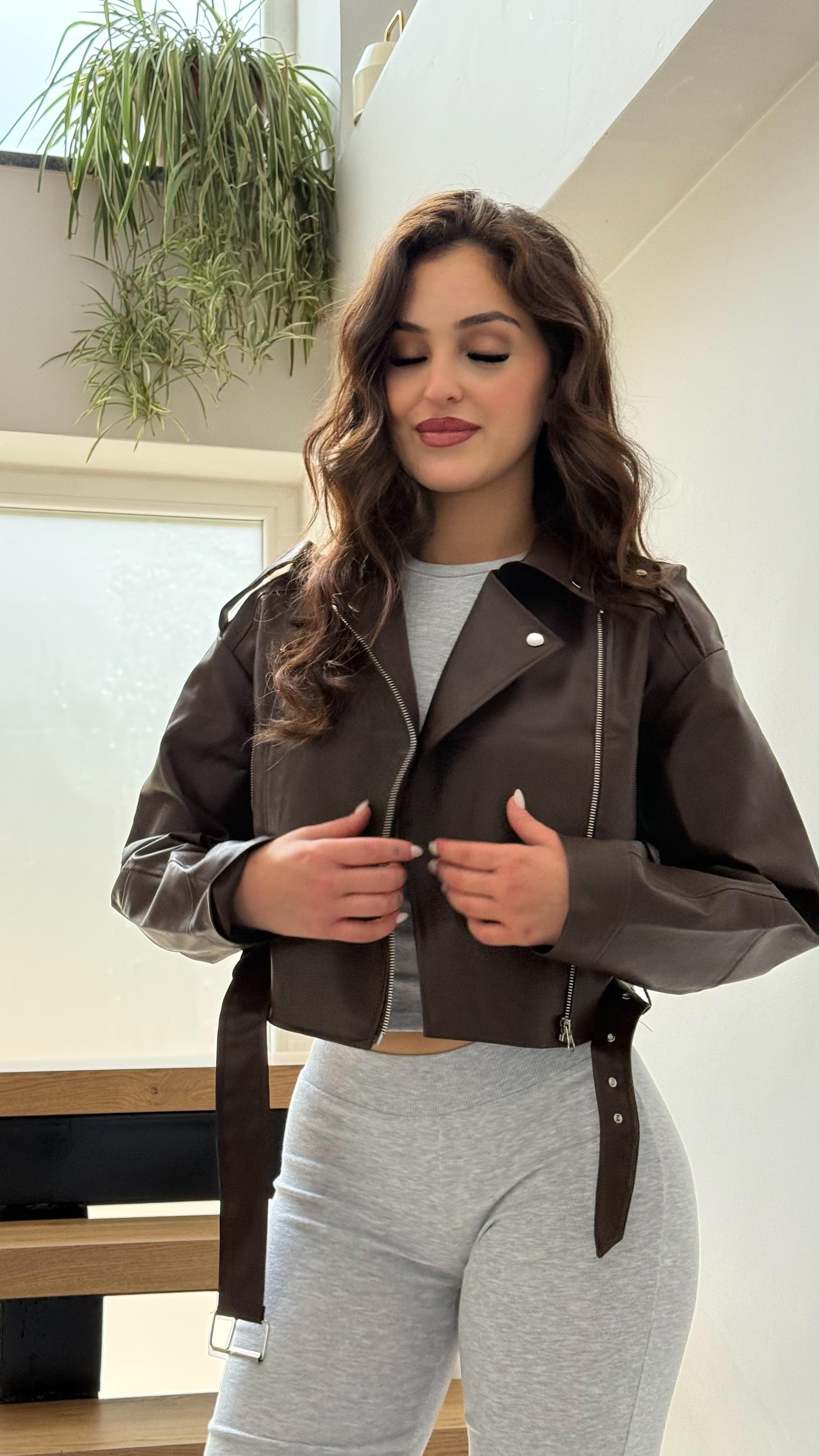 Suni Deri Crop Biker Ceket Kahverengi