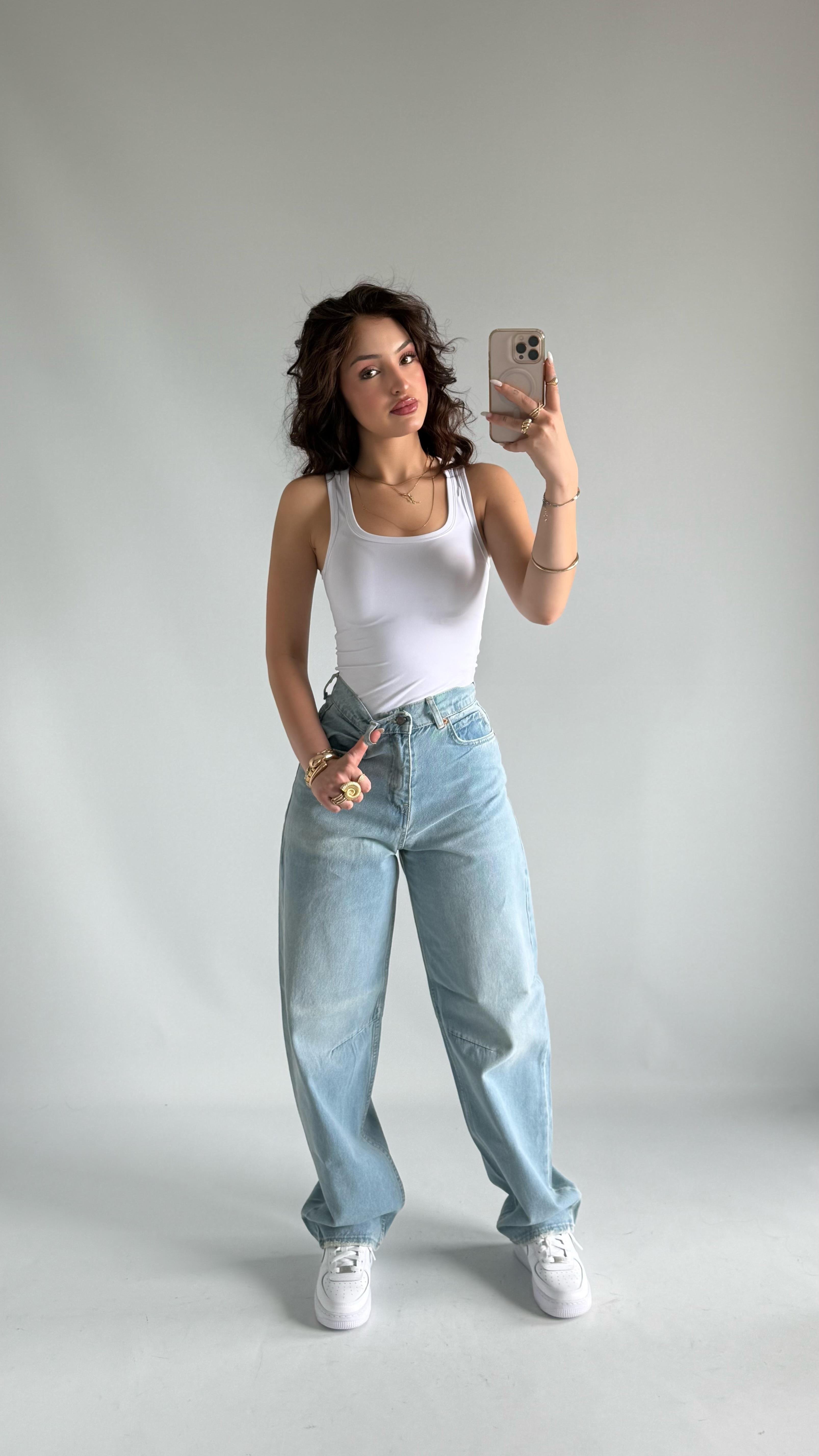 Super Baggy Bel Tokalı Mavi Jean