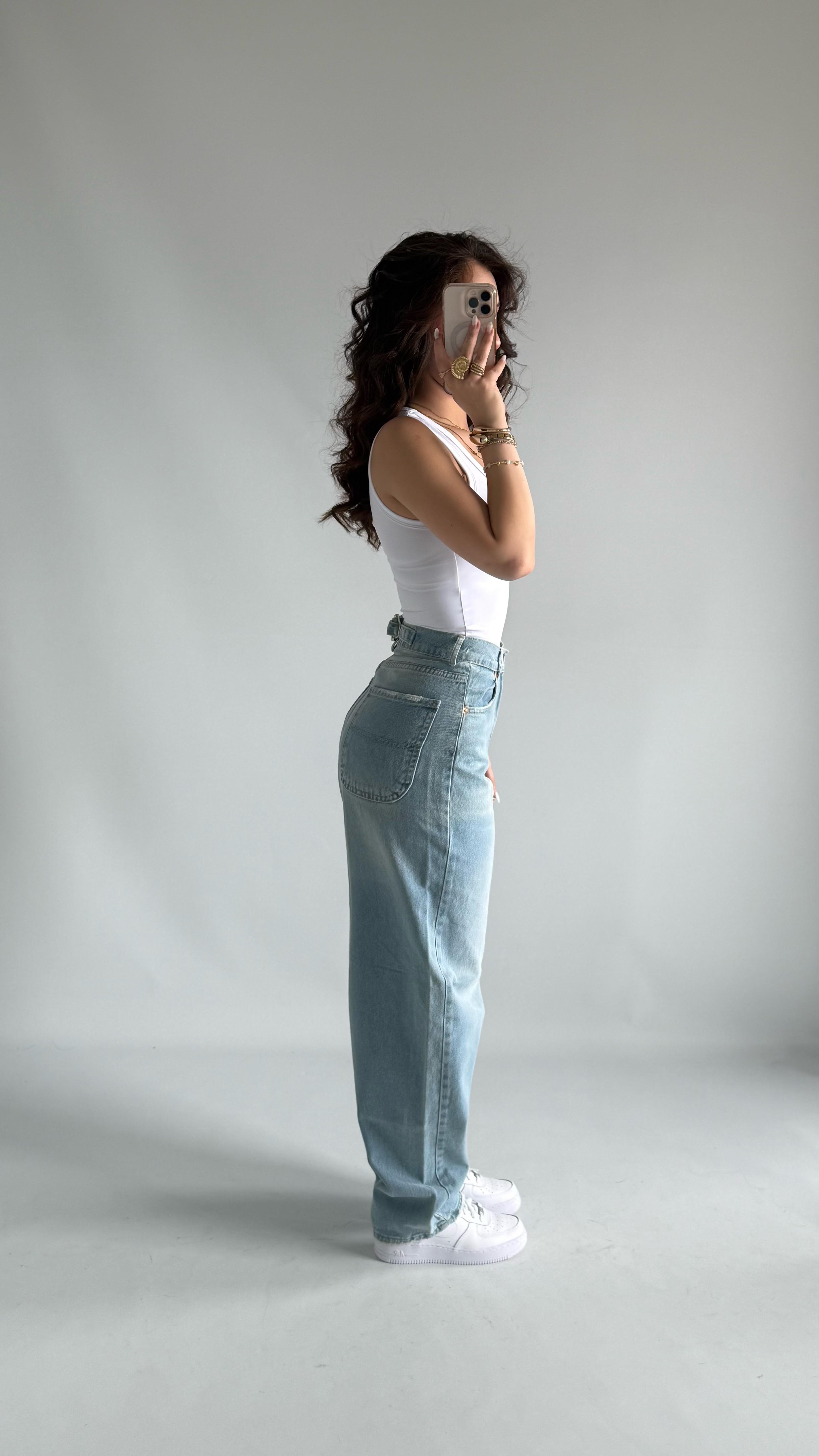 Super Baggy Bel Tokalı Mavi Jean