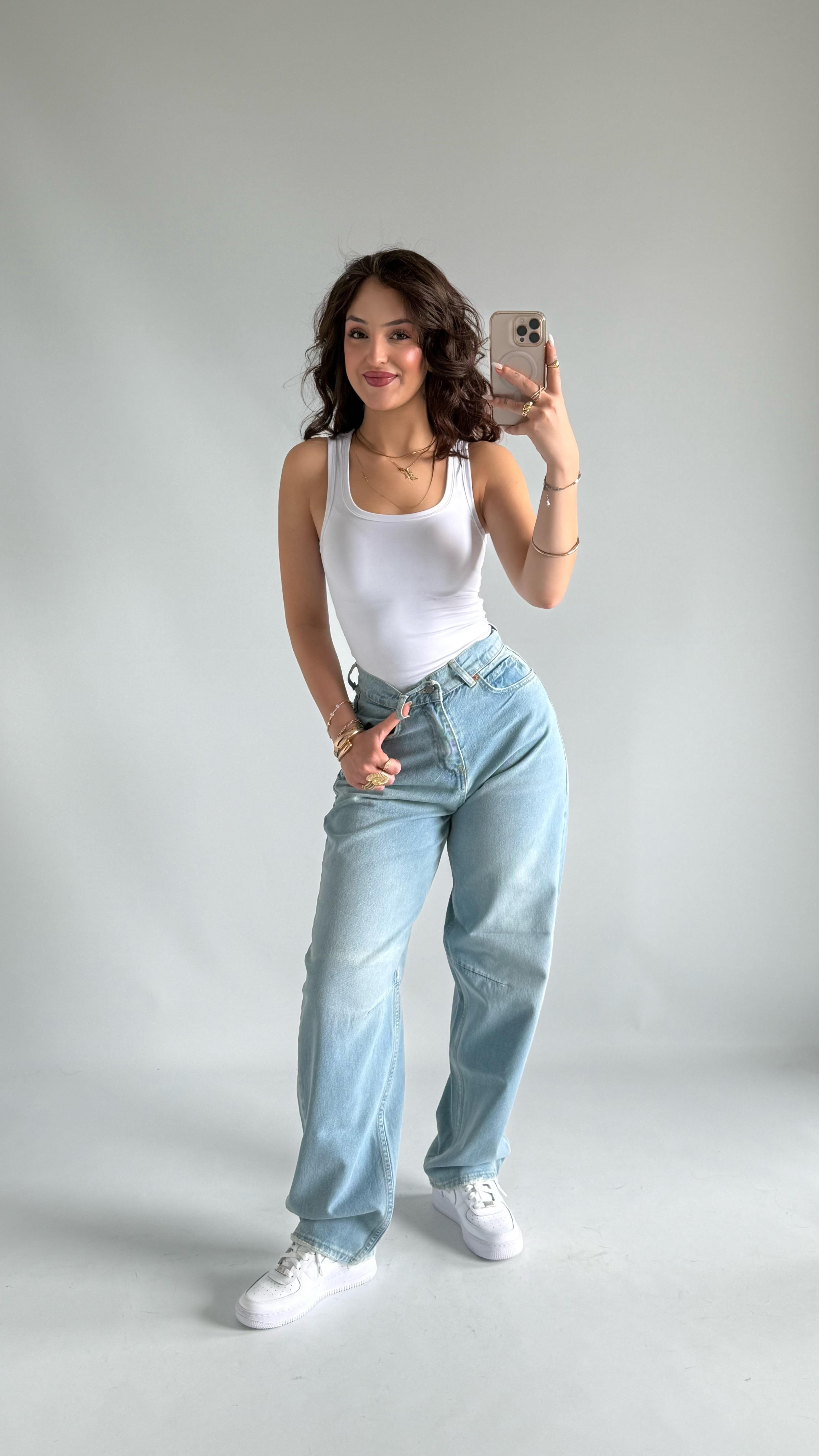 Super Baggy Bel Tokalı Mavi Jean