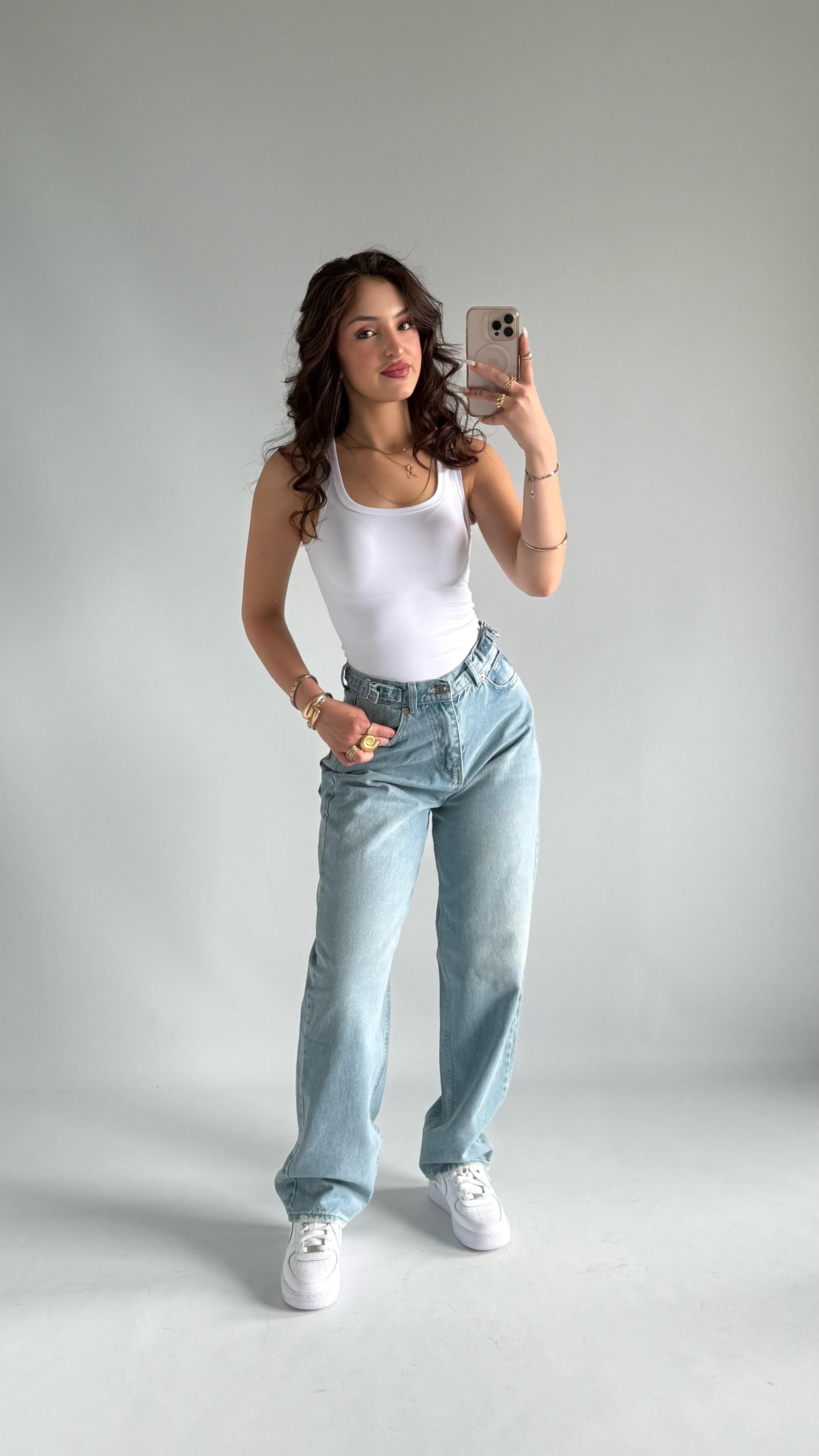 Super Baggy Çift Tokalı Mavi Jean