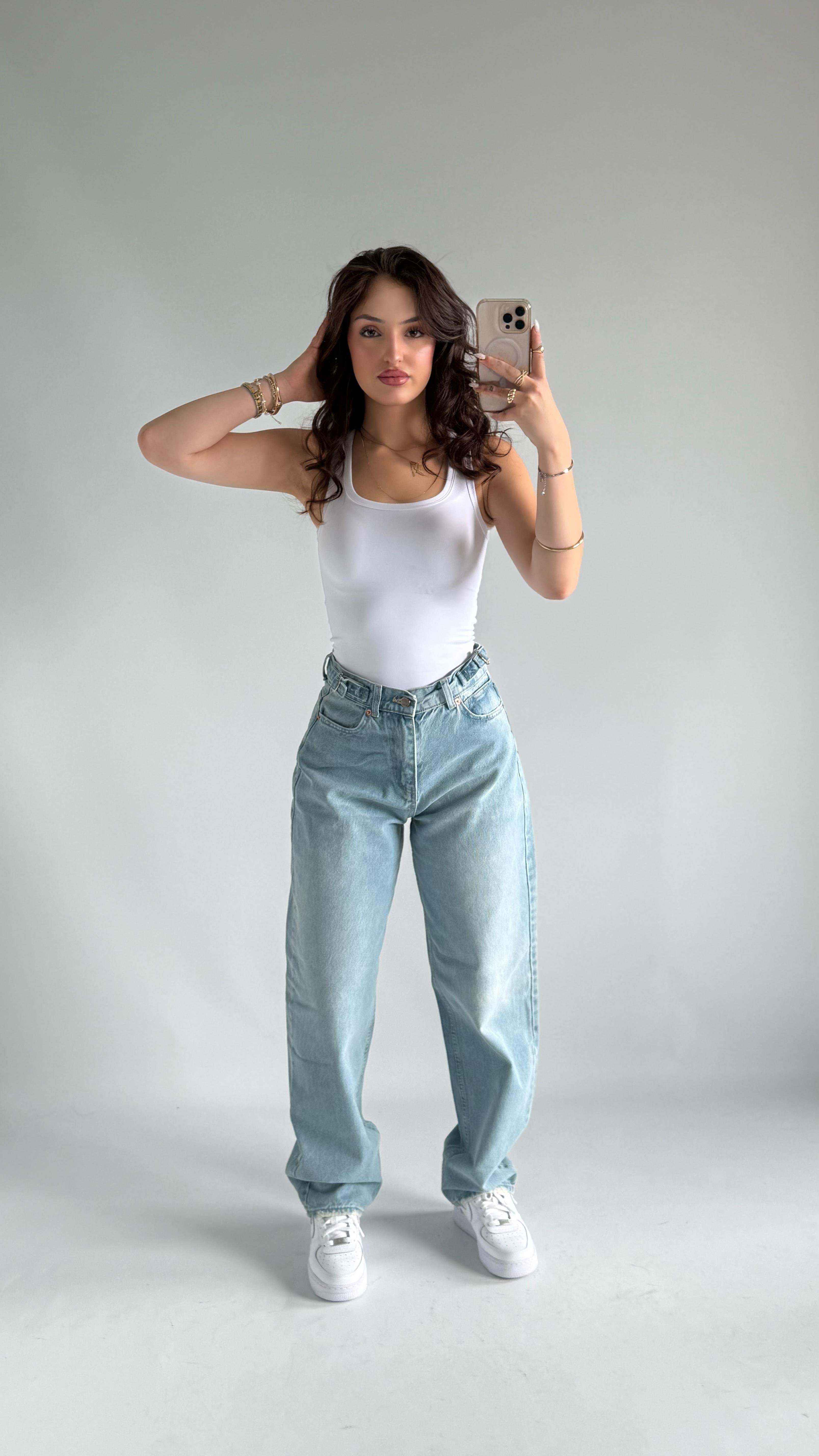 Super Baggy Çift Tokalı Mavi Jean
