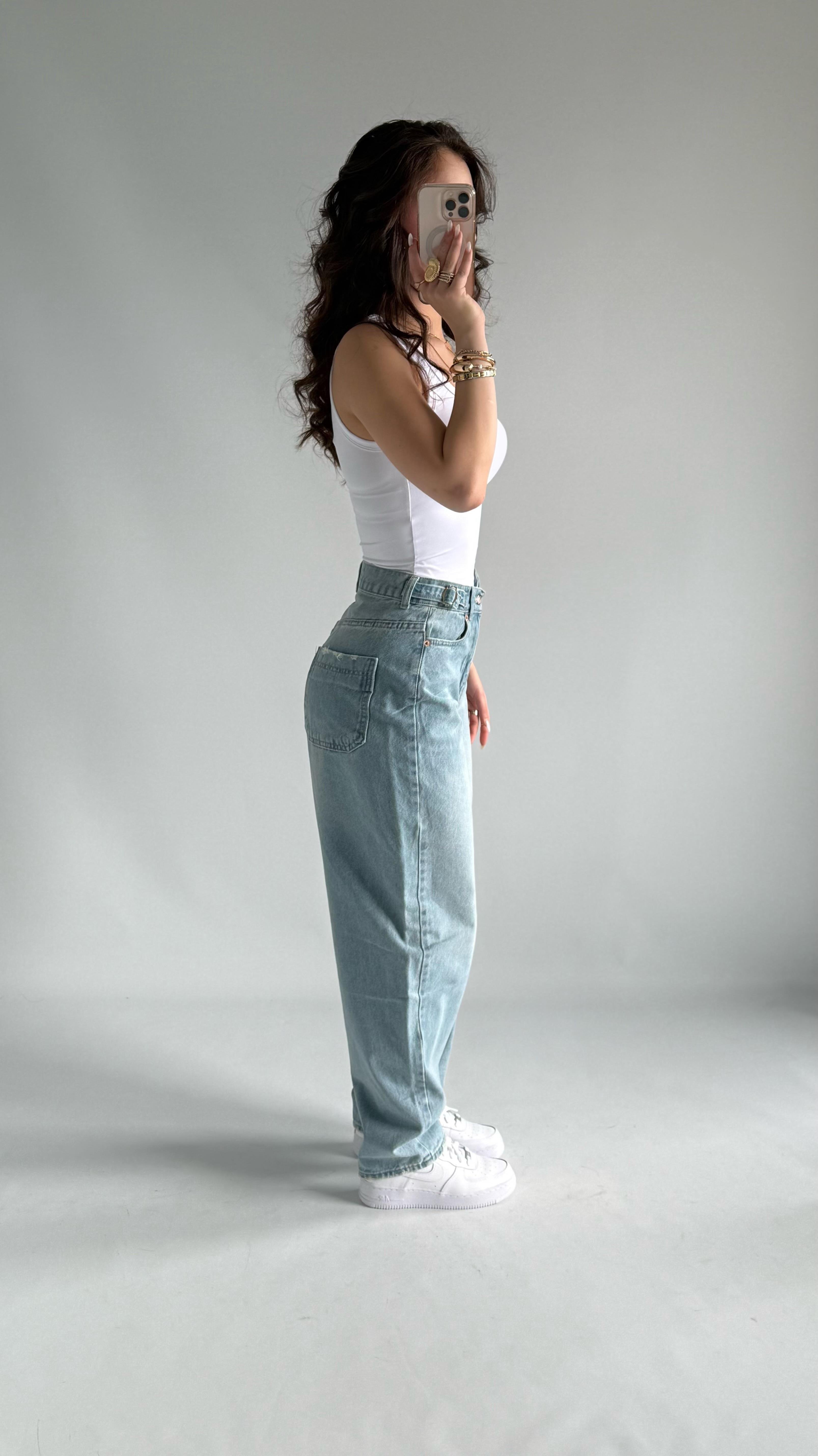 Super Baggy Çift Tokalı Mavi Jean