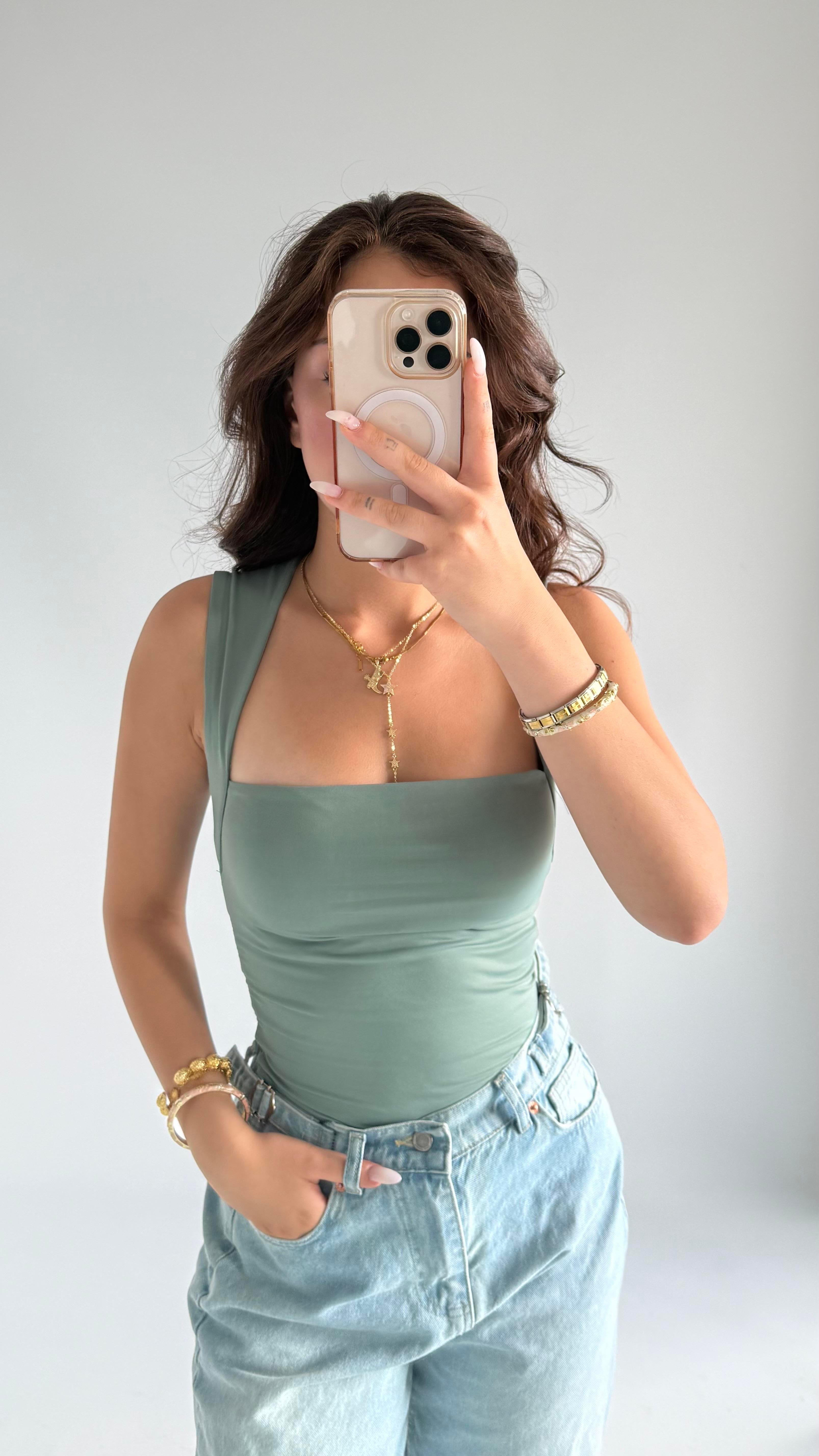 Tasarım Kol Kare Yaka Crop Mint Yeşili
