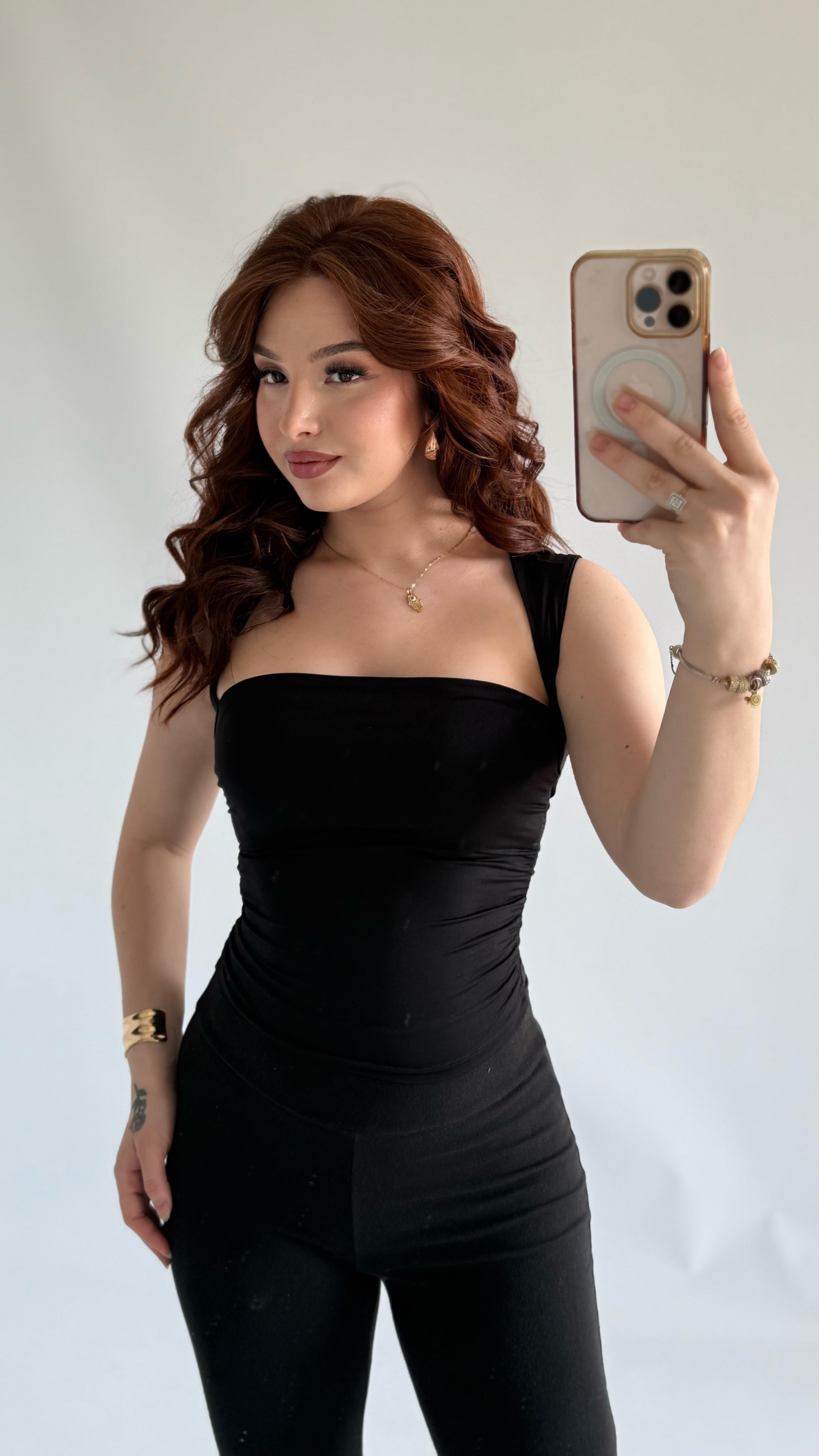Tasarım Kol Kare Yaka Crop Siyah