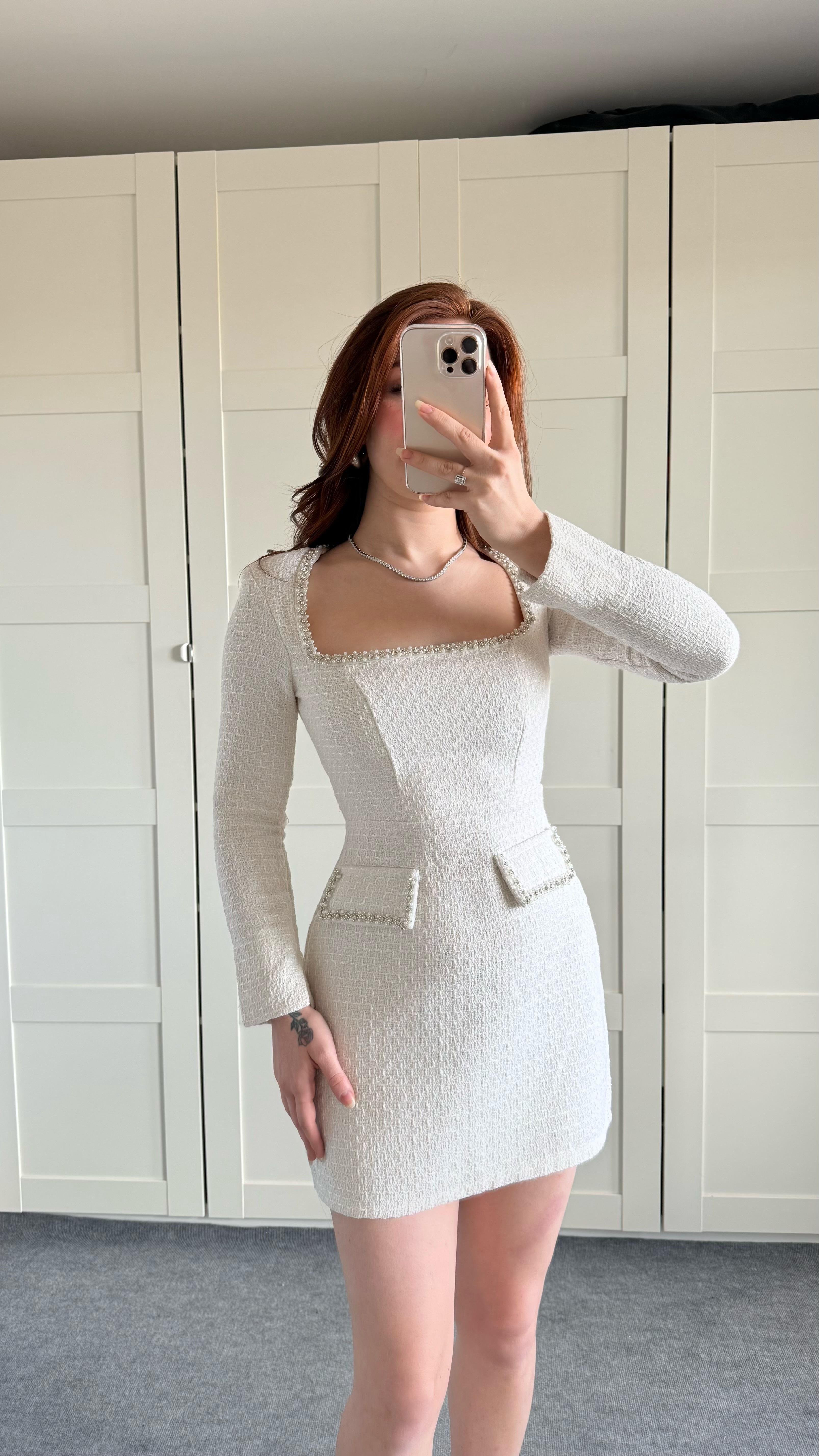 Taşlı Buklet Elbise Krem