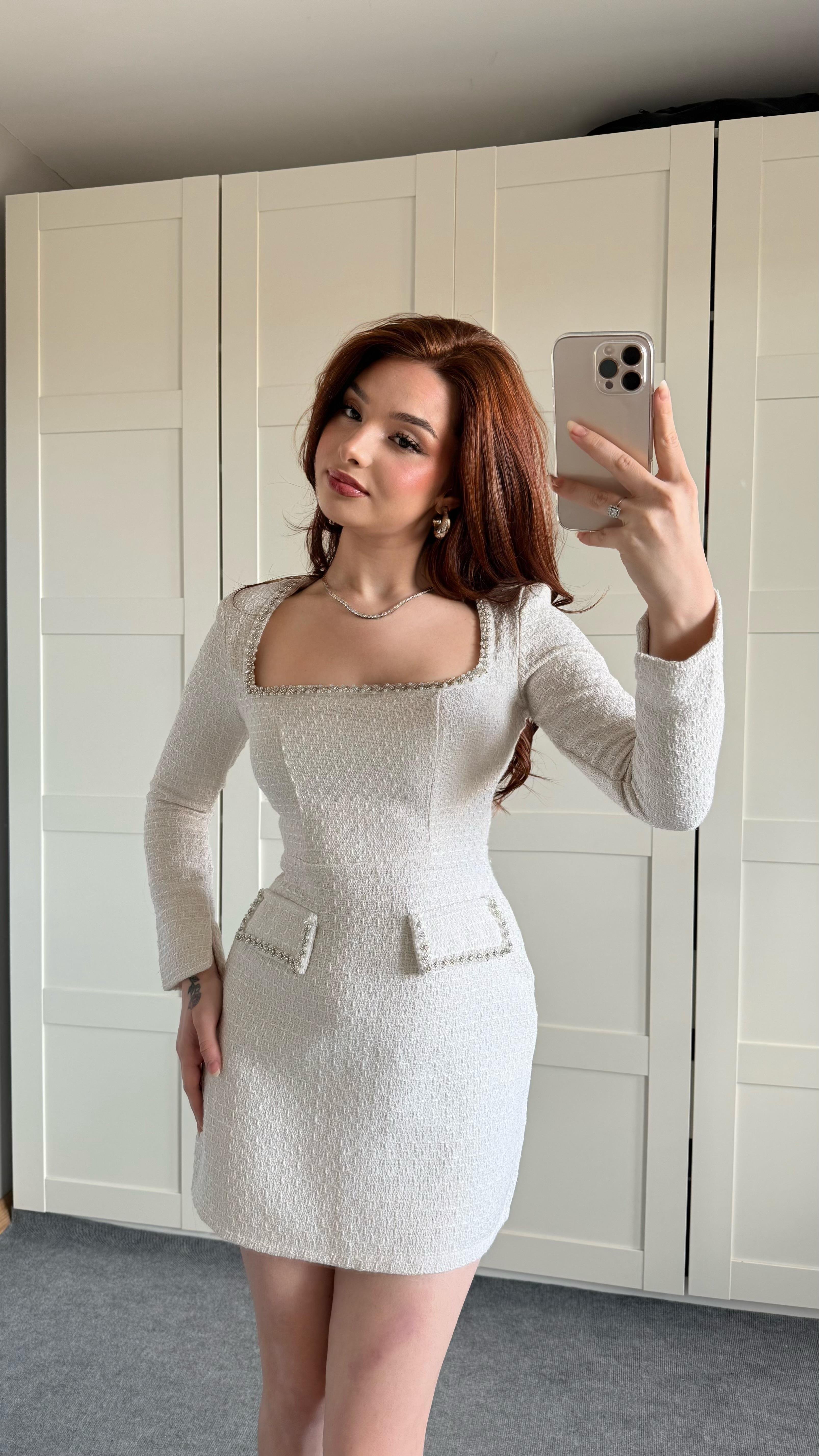 Taşlı Buklet Elbise Krem