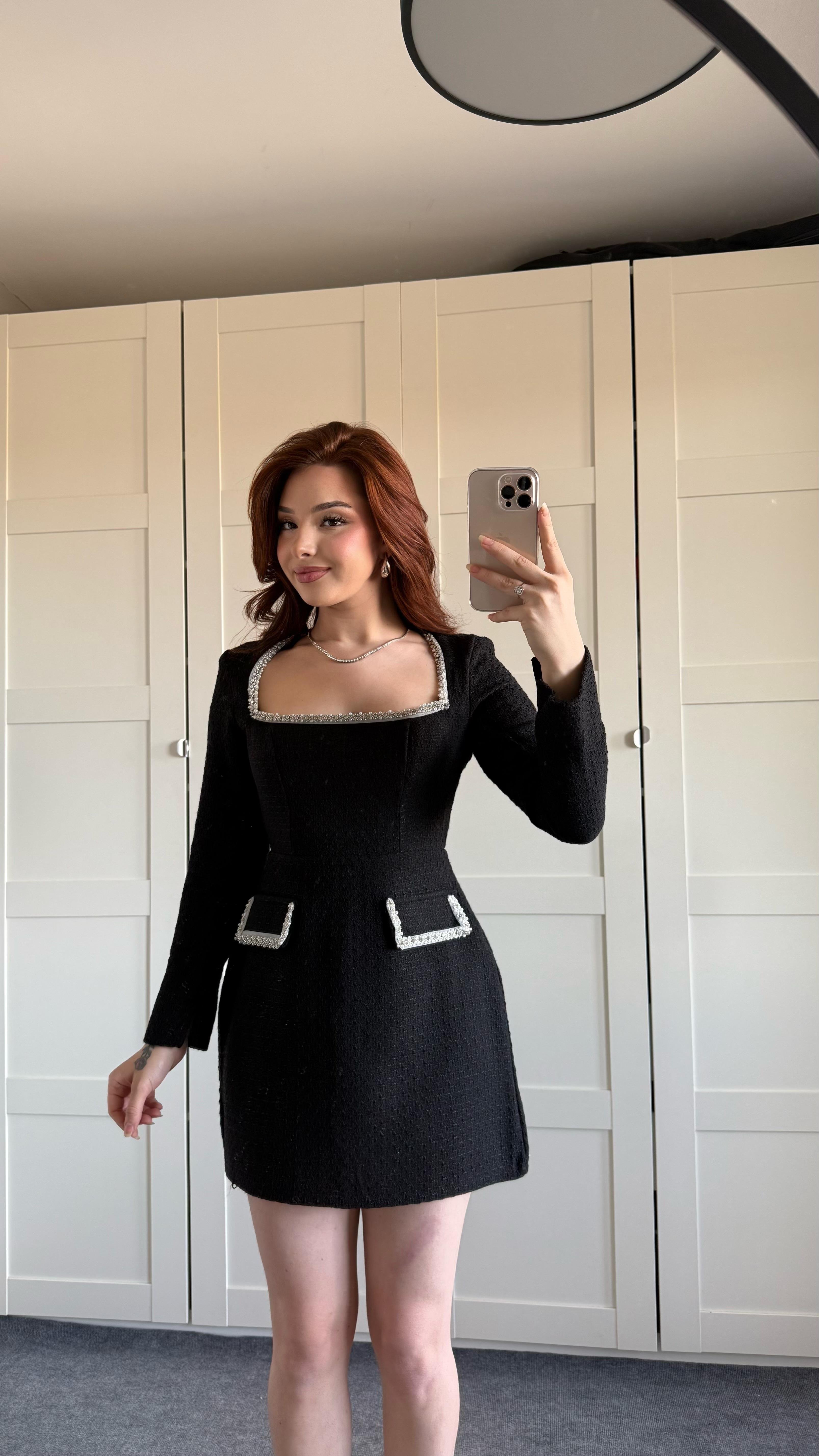 Taşlı Buklet Elbise Siyah