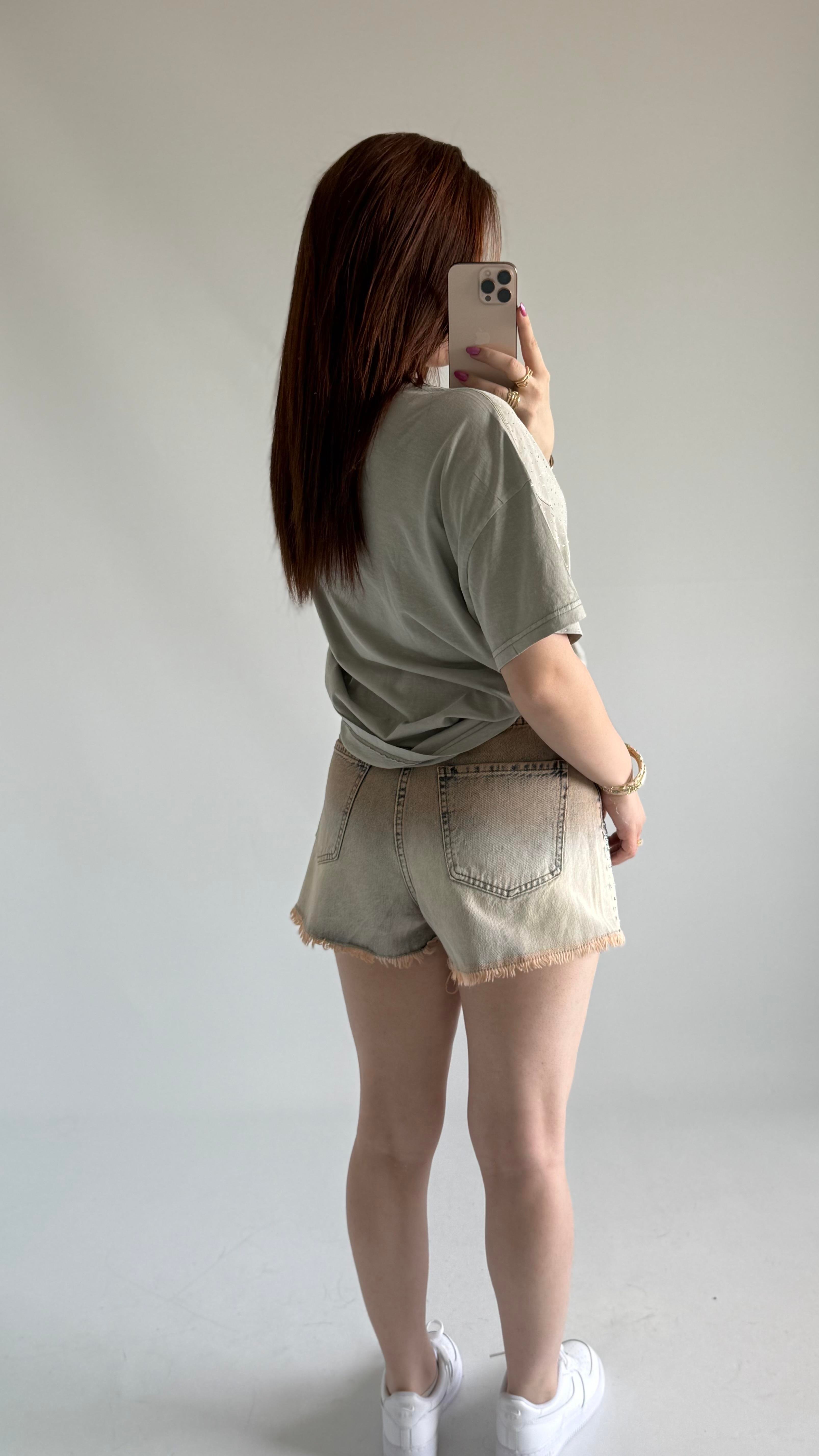 Taşlı Oversize Tişört Yeşil