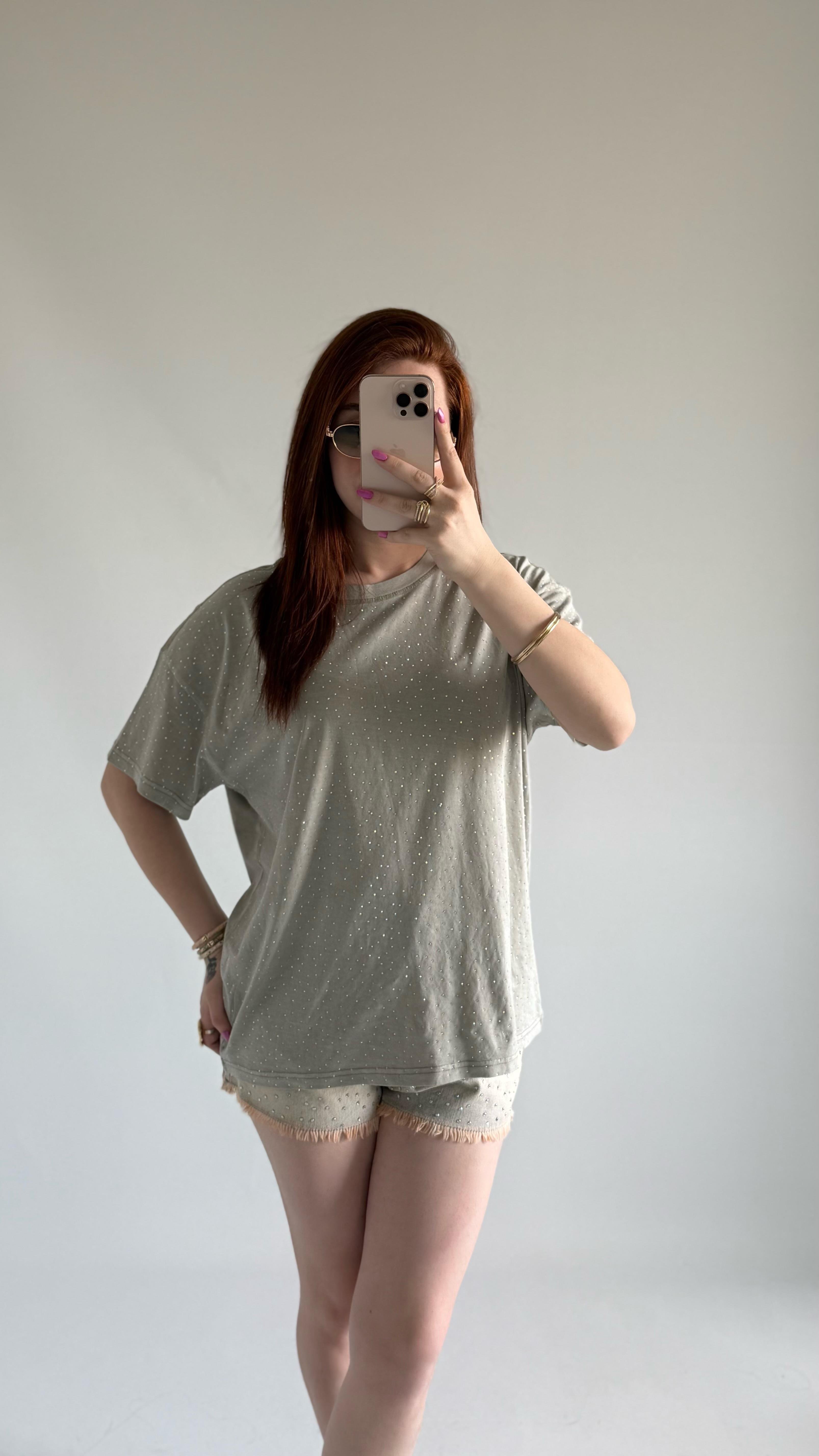 Taşlı Oversize Tişört Yeşil