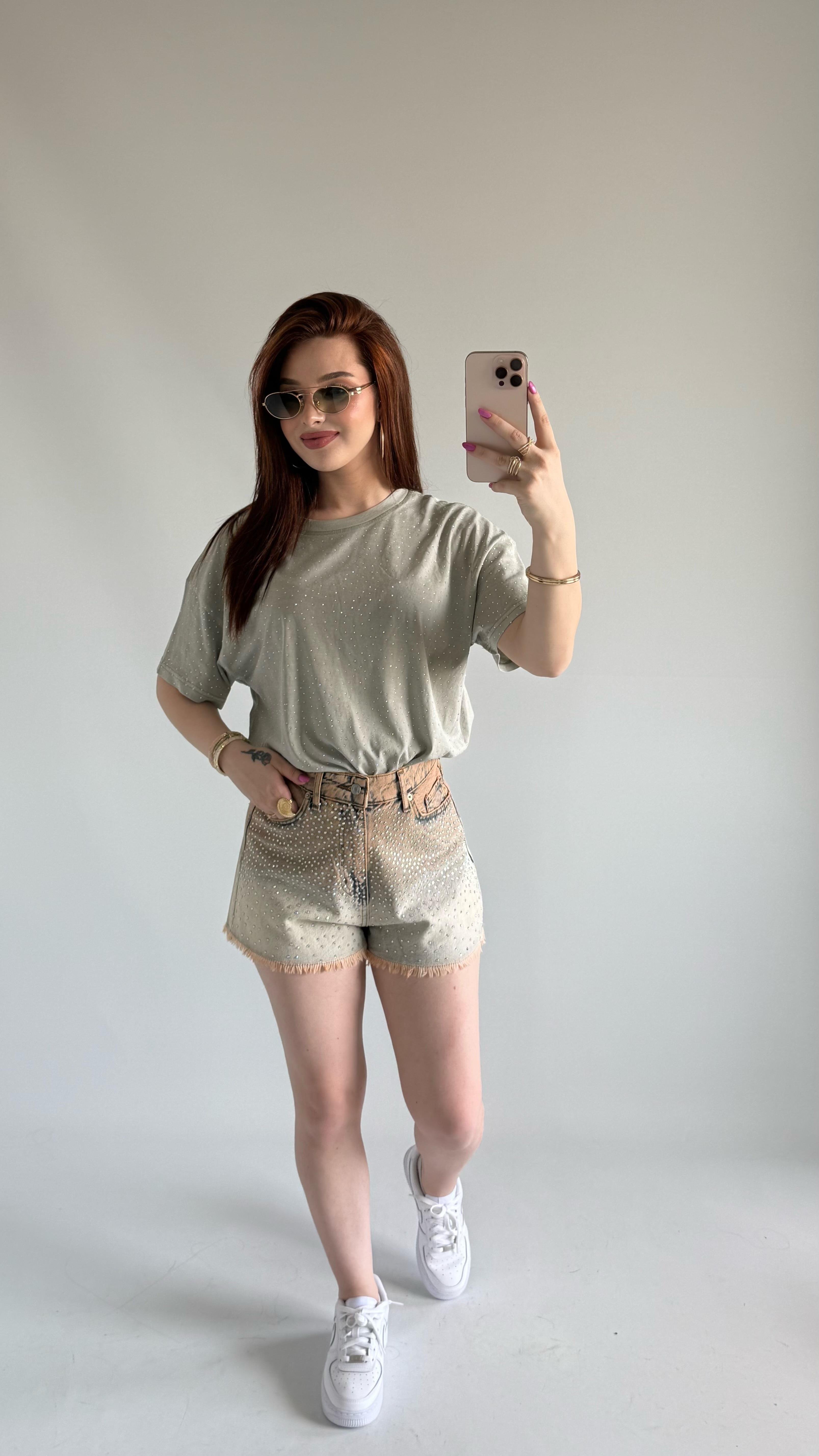 Taşlı Oversize Tişört Yeşil