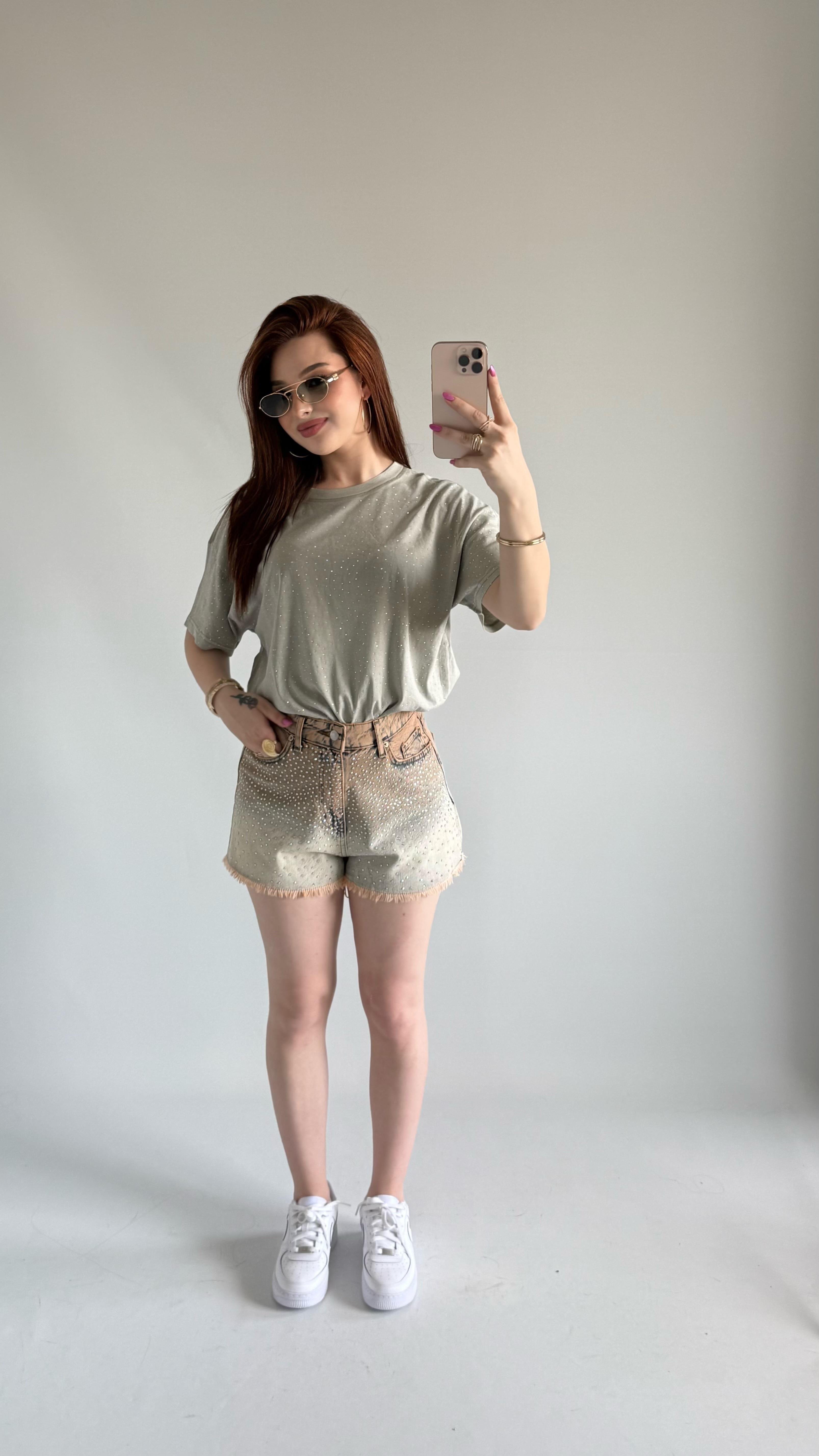 Taşlı Oversize Tişört Yeşil