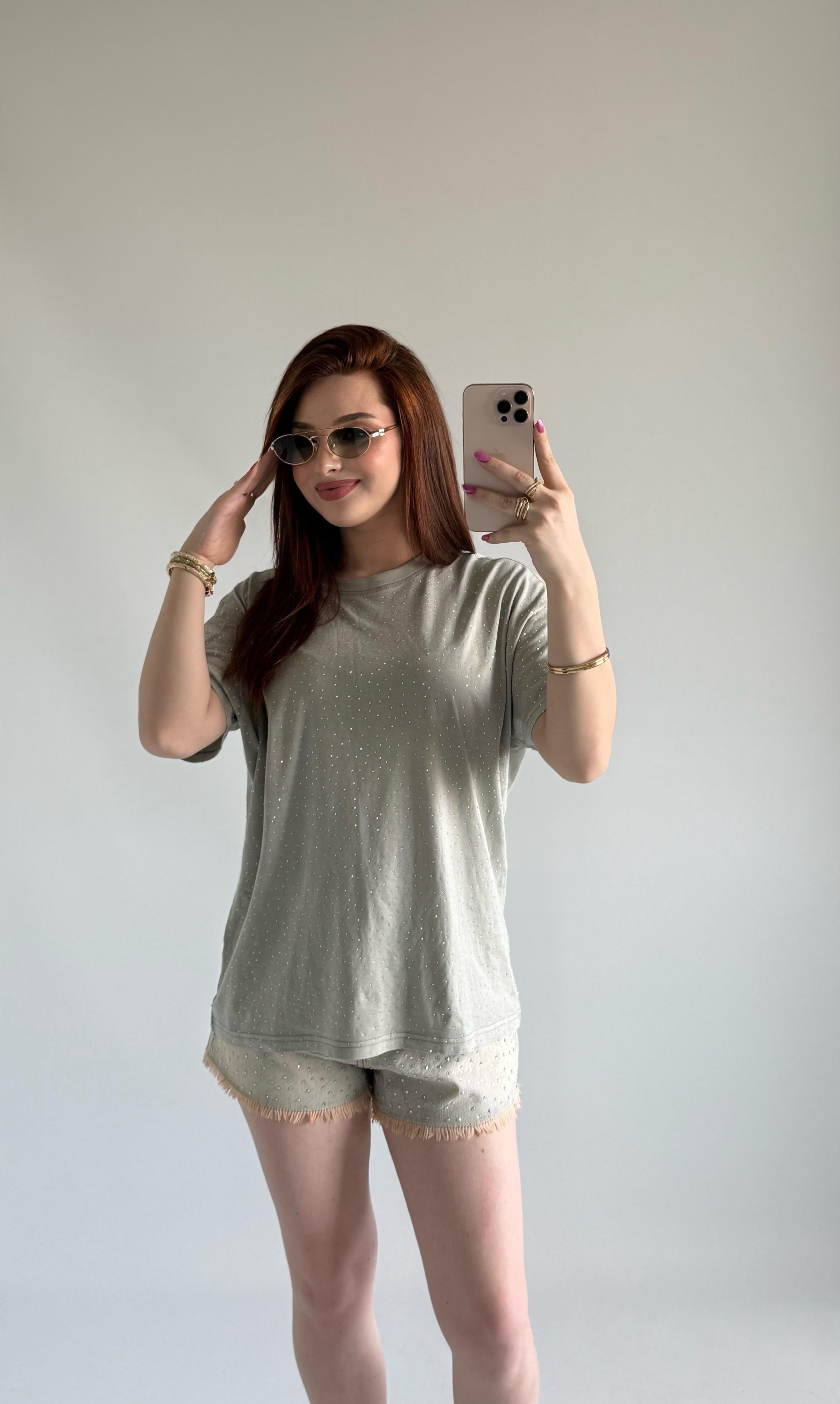Taşlı Oversize Tişört Yeşil