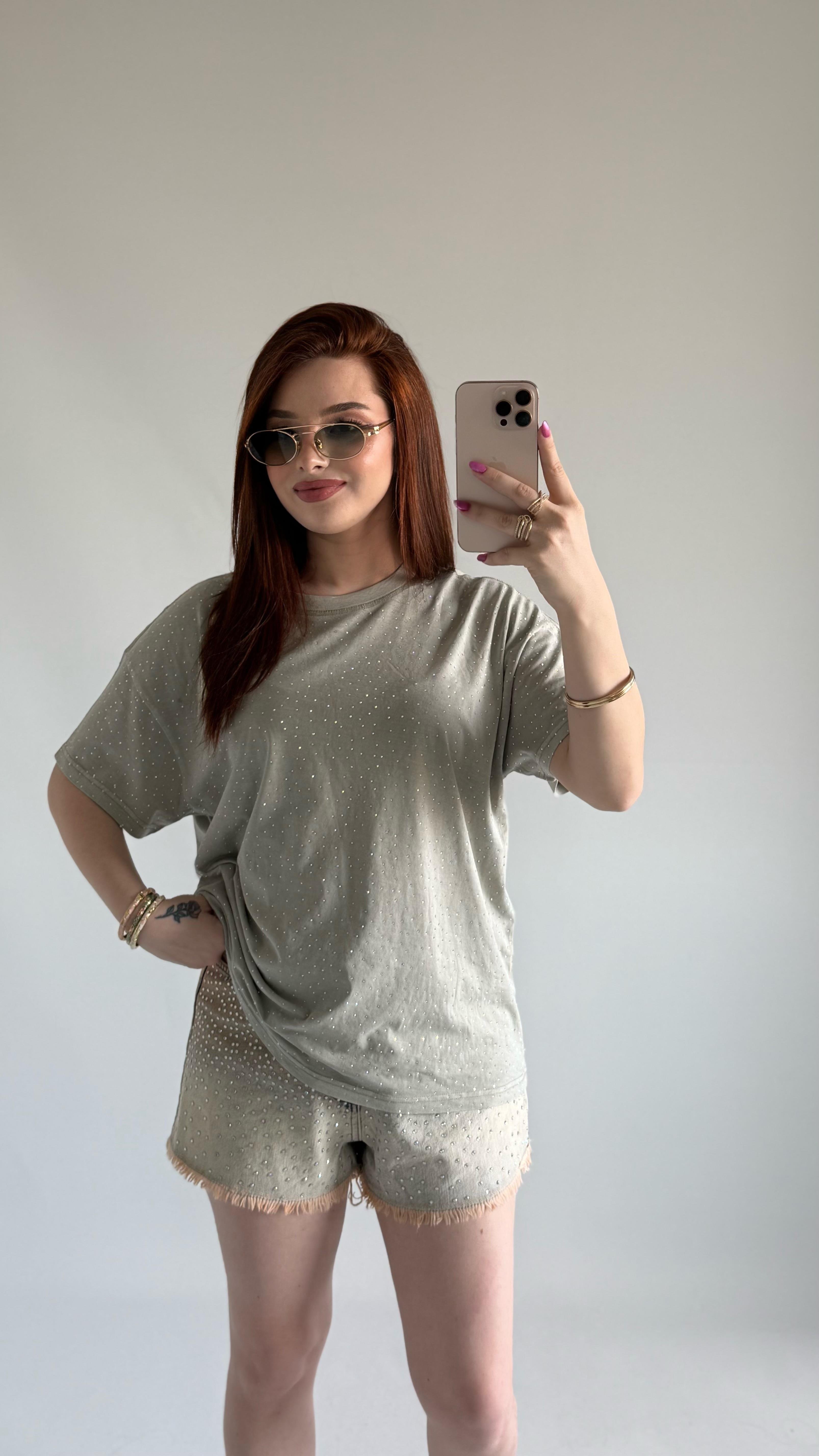 Taşlı Oversize Tişört Yeşil