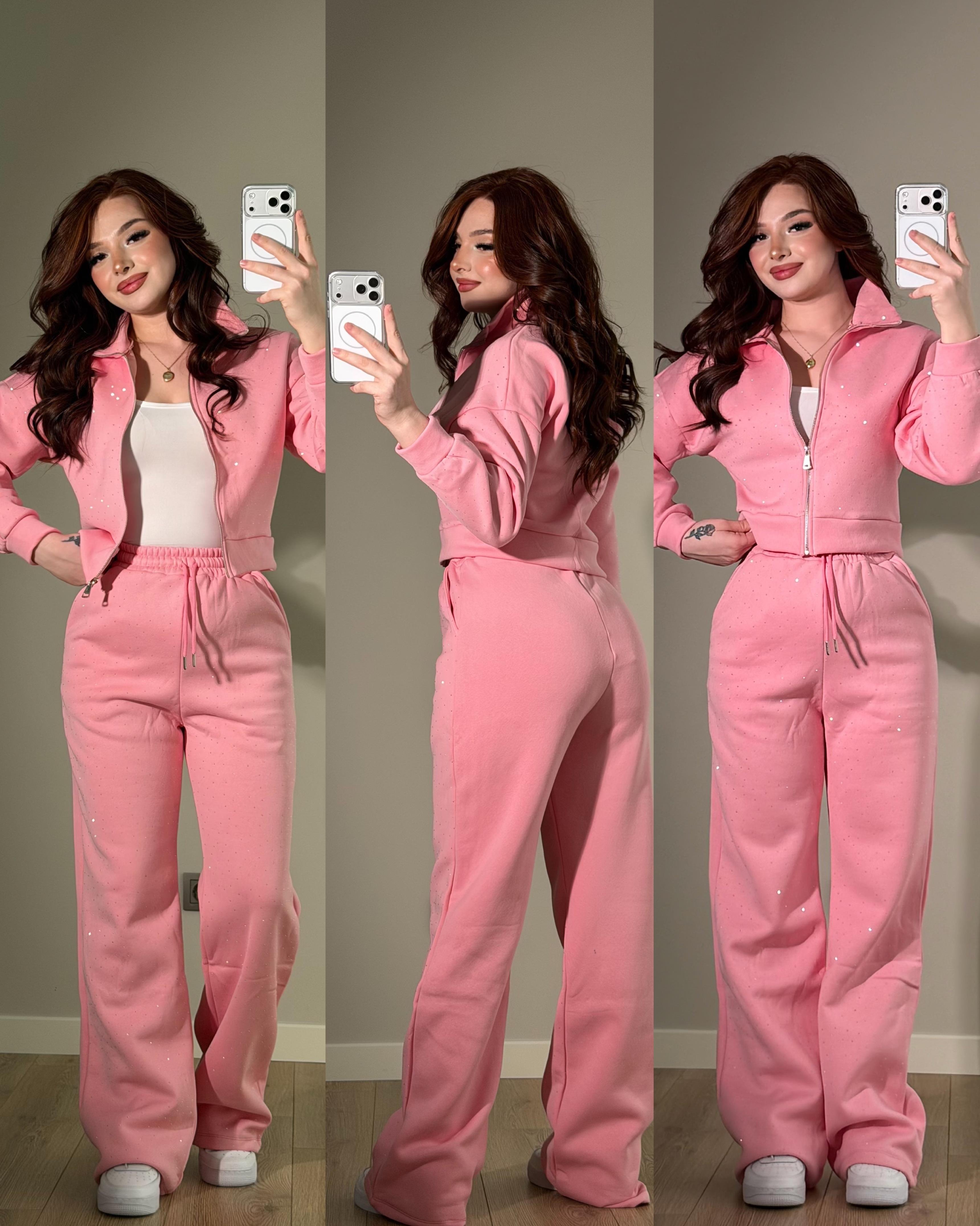 Taşlı Üç İplik Takım Pembe