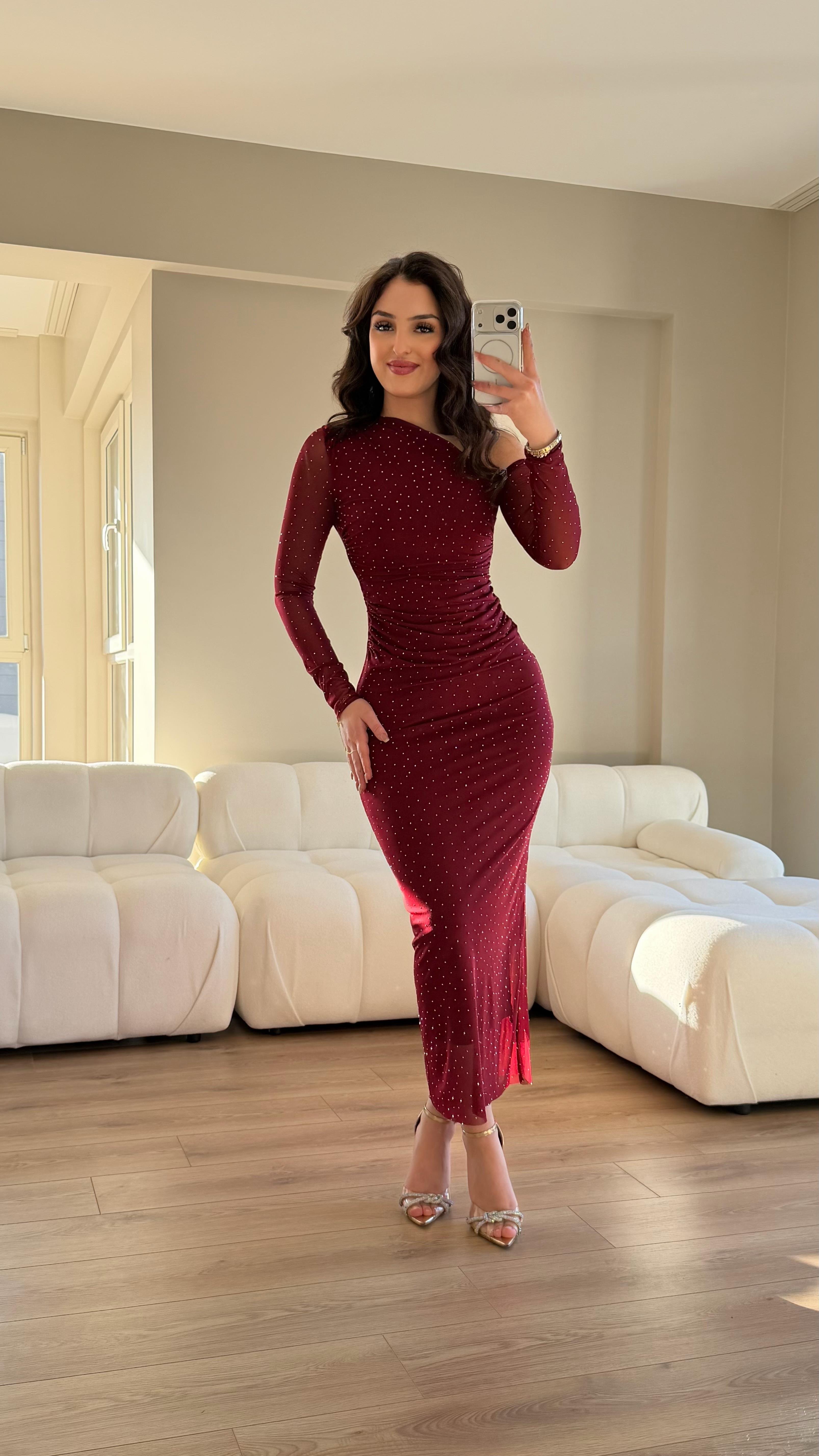 Tek Omuz Açık Taşlı Elbise Bordo