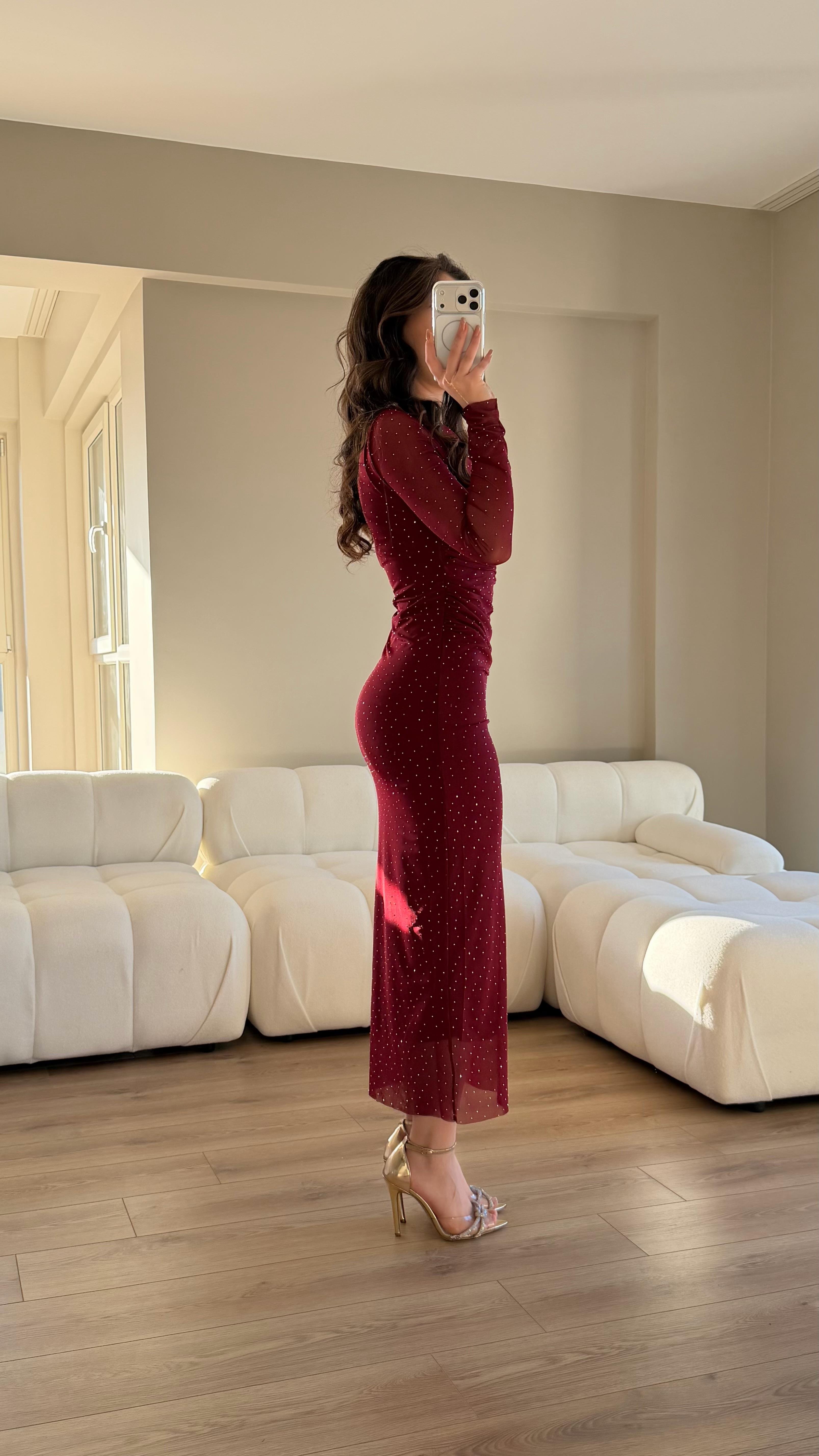 Tek Omuz Açık Taşlı Elbise Bordo