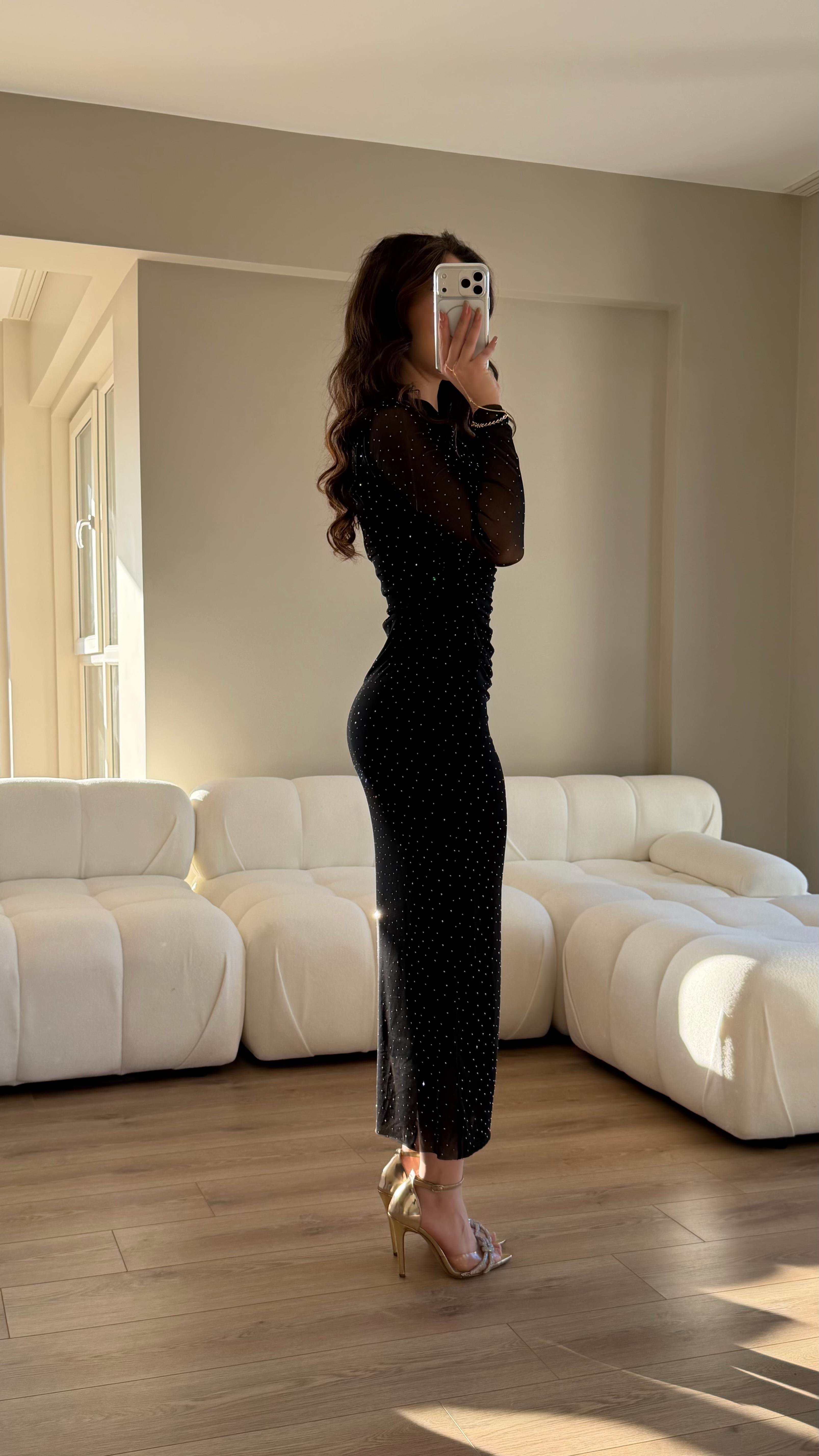 Tek Omuz Açık Taşlı Elbise Siyah