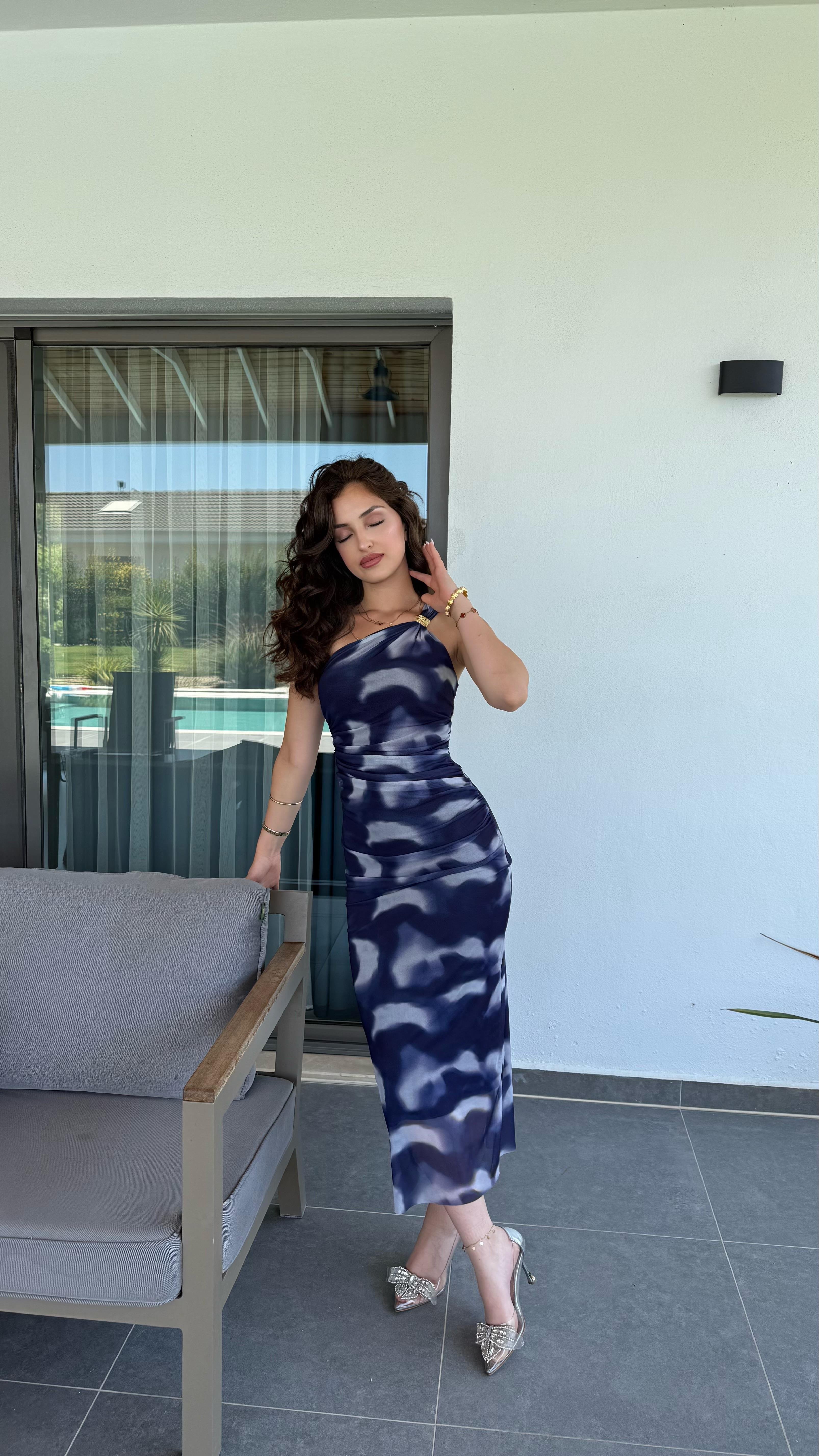 Tek Omuz Tokalı Drape Elbise Batik Mavi