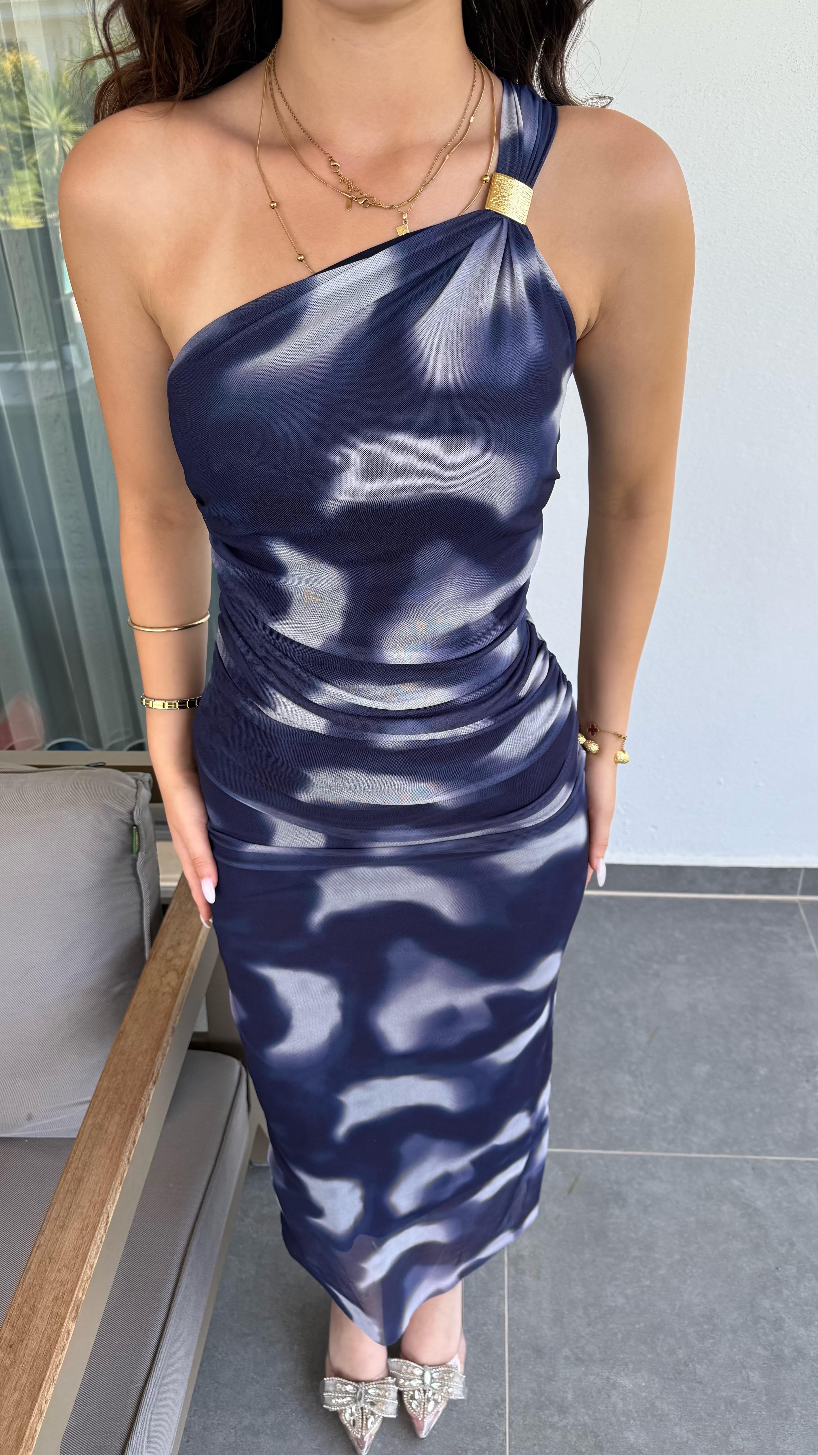 Tek Omuz Tokalı Drape Elbise Batik Mavi