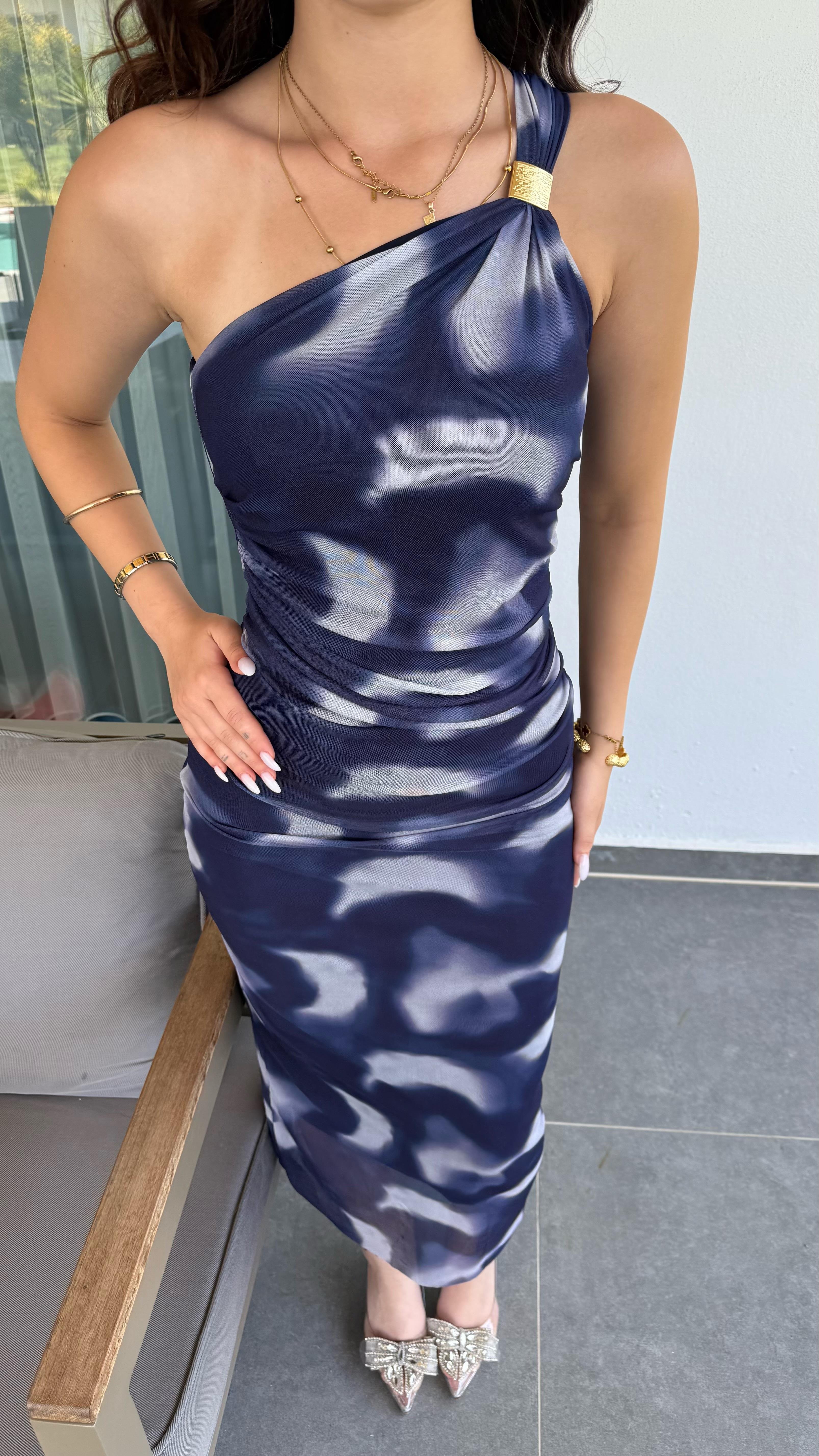Tek Omuz Tokalı Drape Elbise Batik Mavi