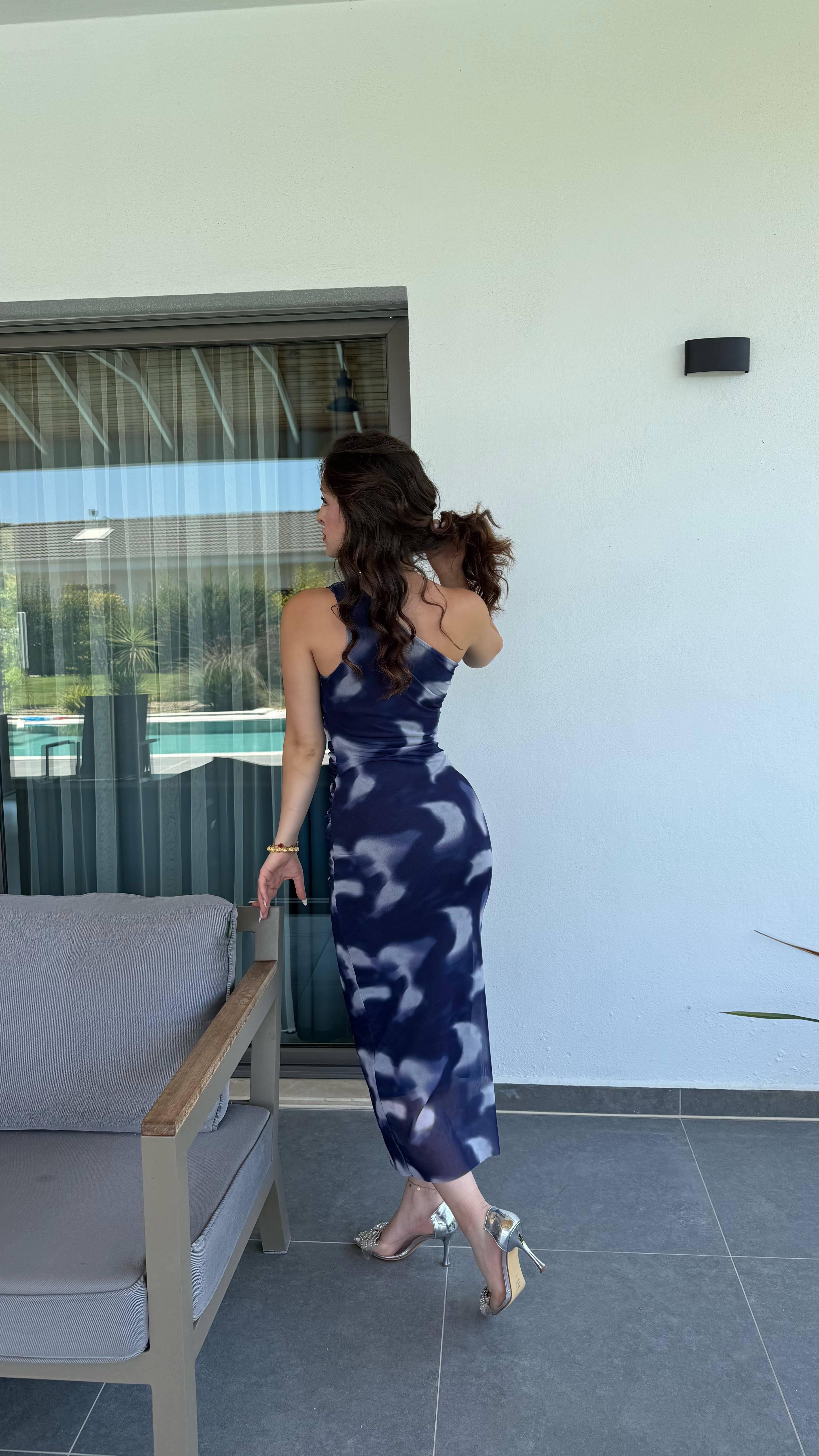 Tek Omuz Tokalı Drape Elbise Batik Mavi