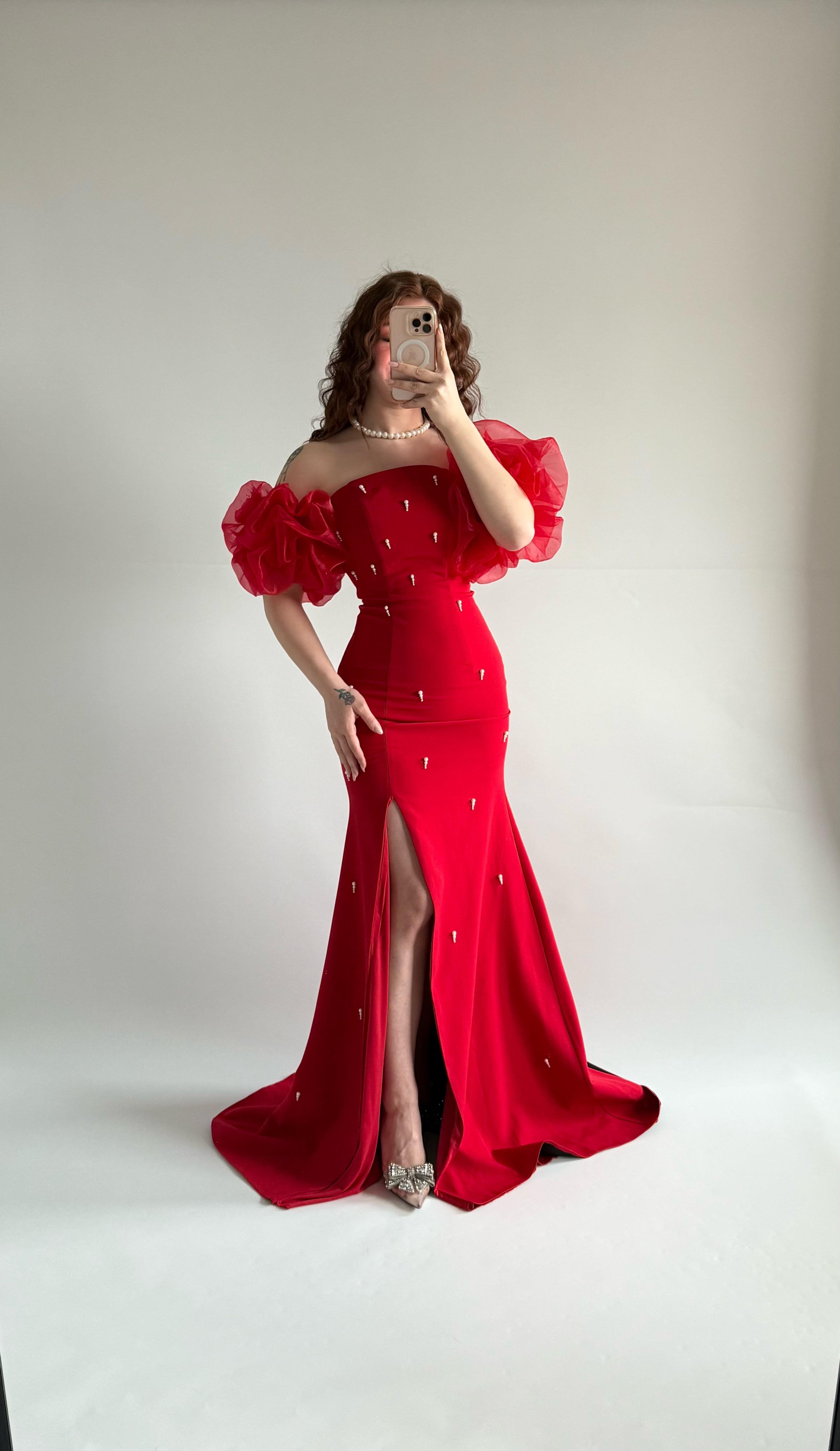 Tiana Prenses Kol İncili Abiye Kırmızı