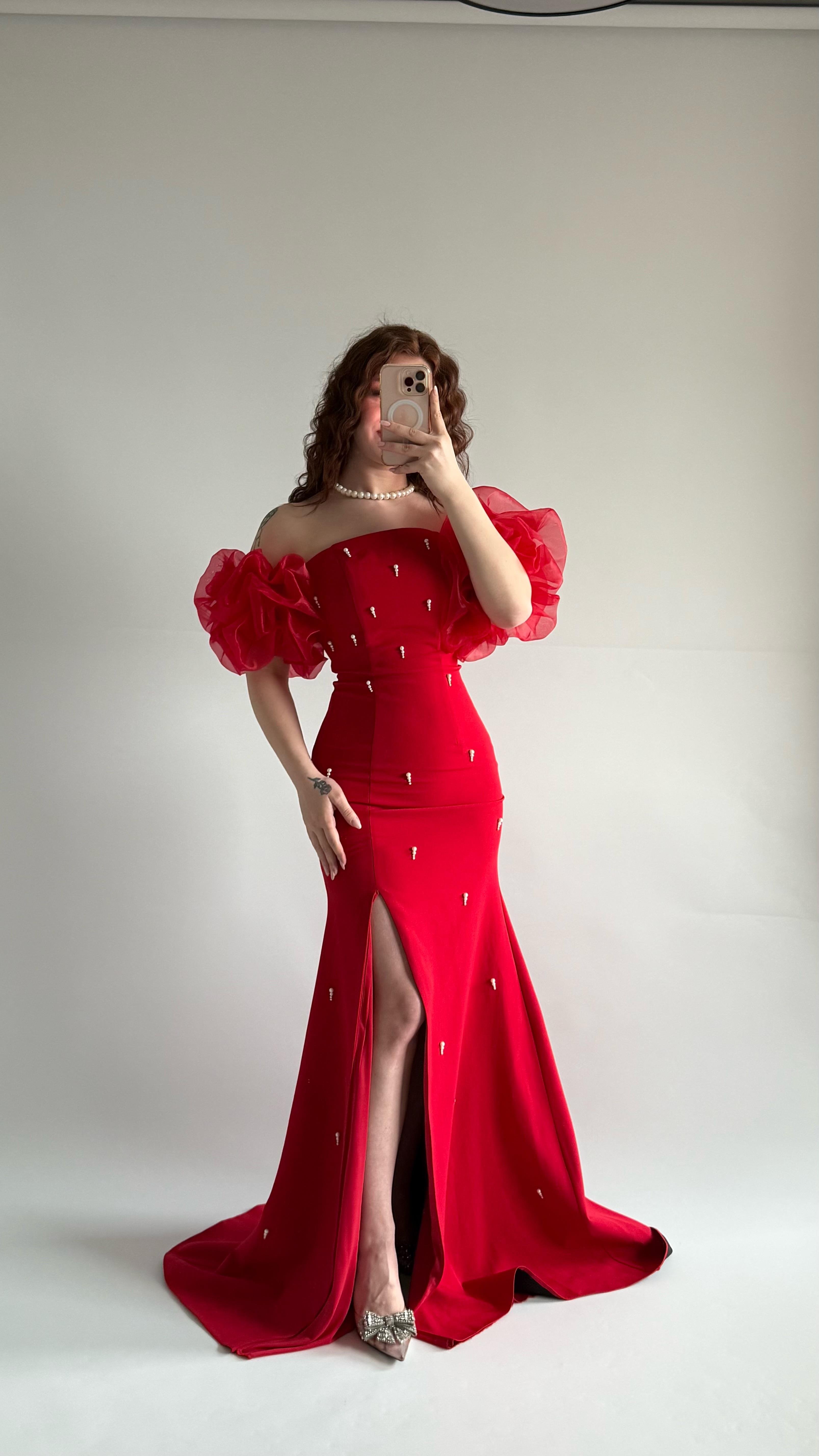 Tiana Prenses Kol İncili Abiye Kırmızı