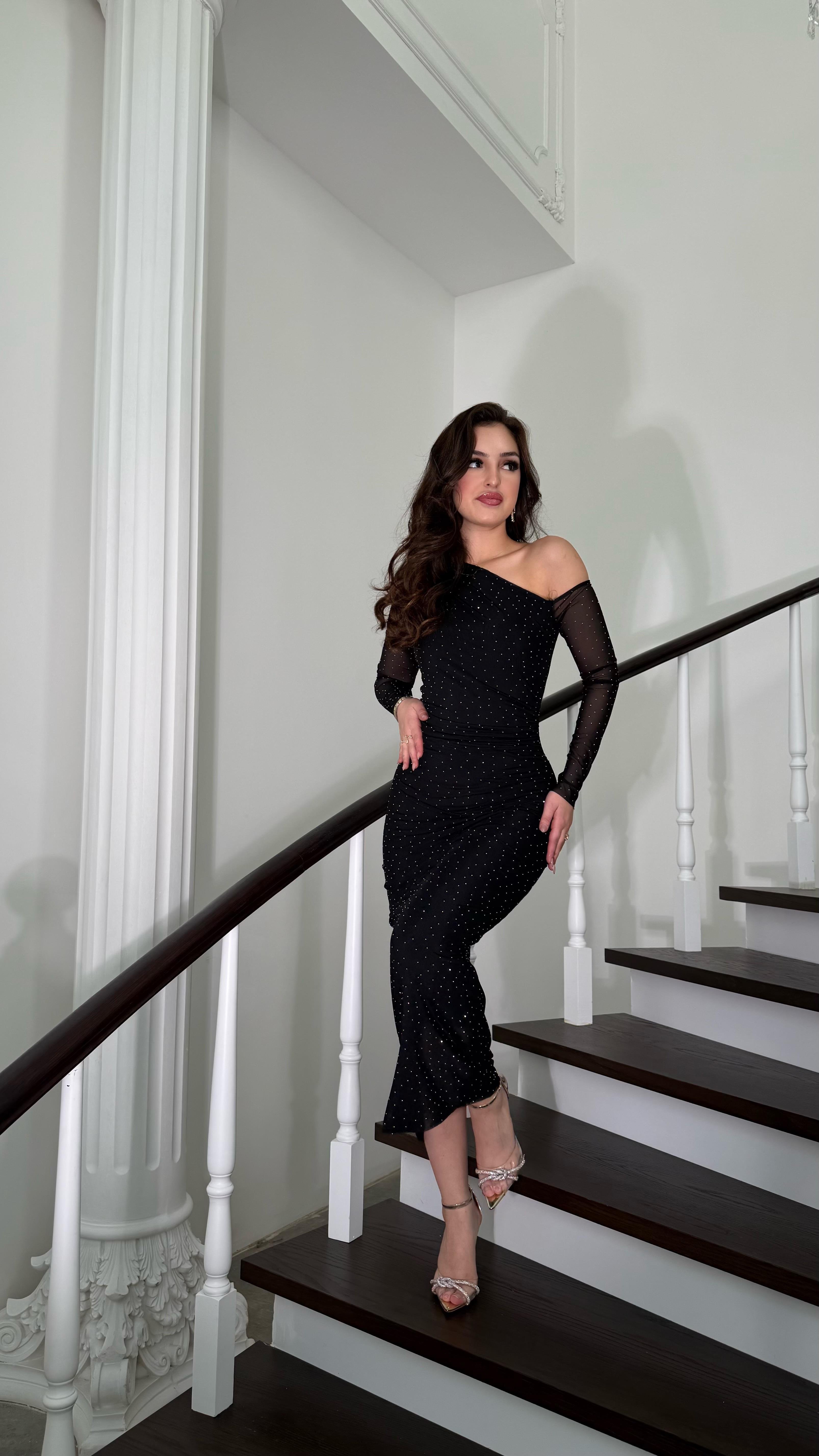 Transparan Kol Taşlı Midi Elbise Siyah