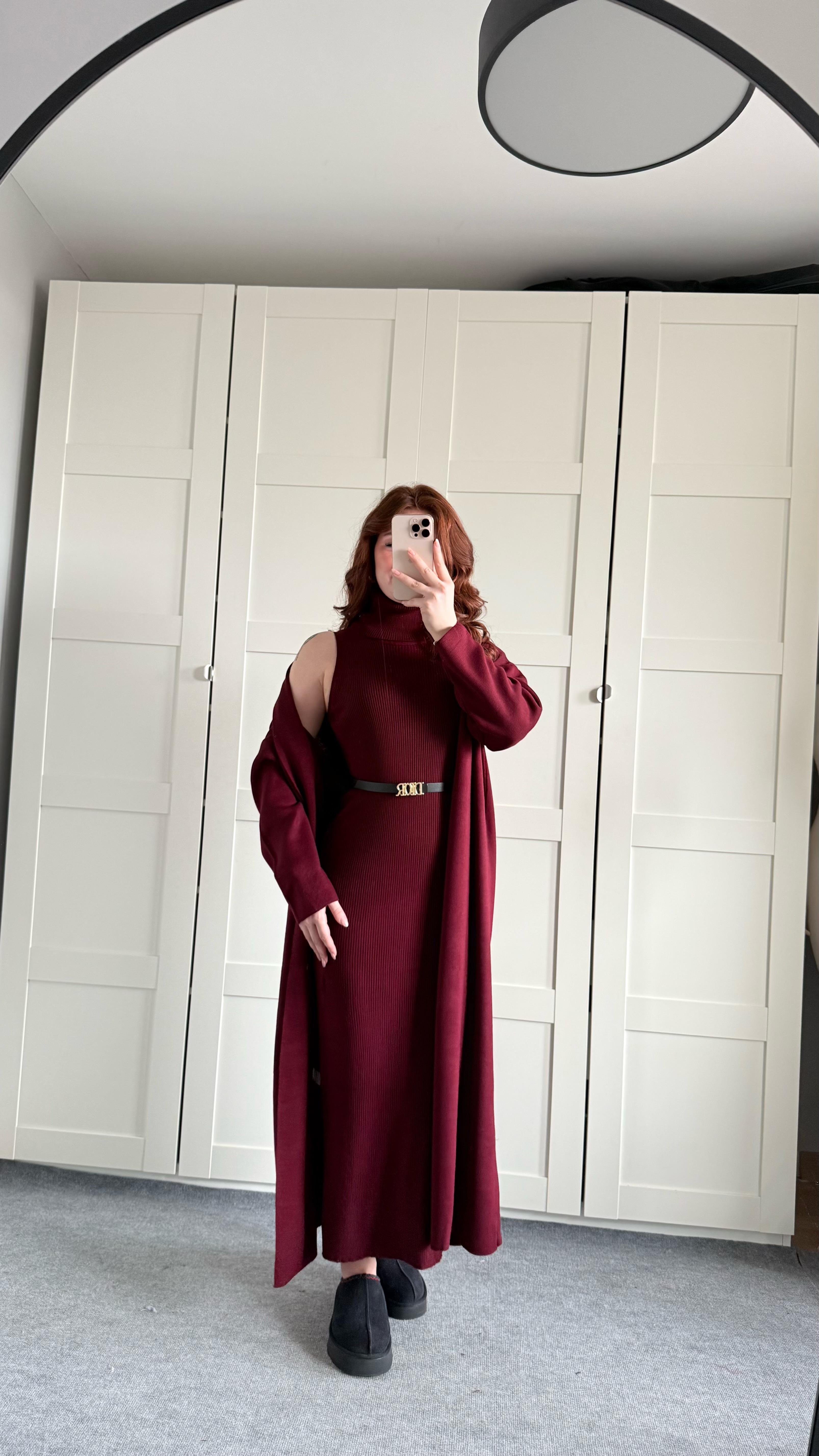 Triko Balıkçı Elbise Hırka Takım Bordo