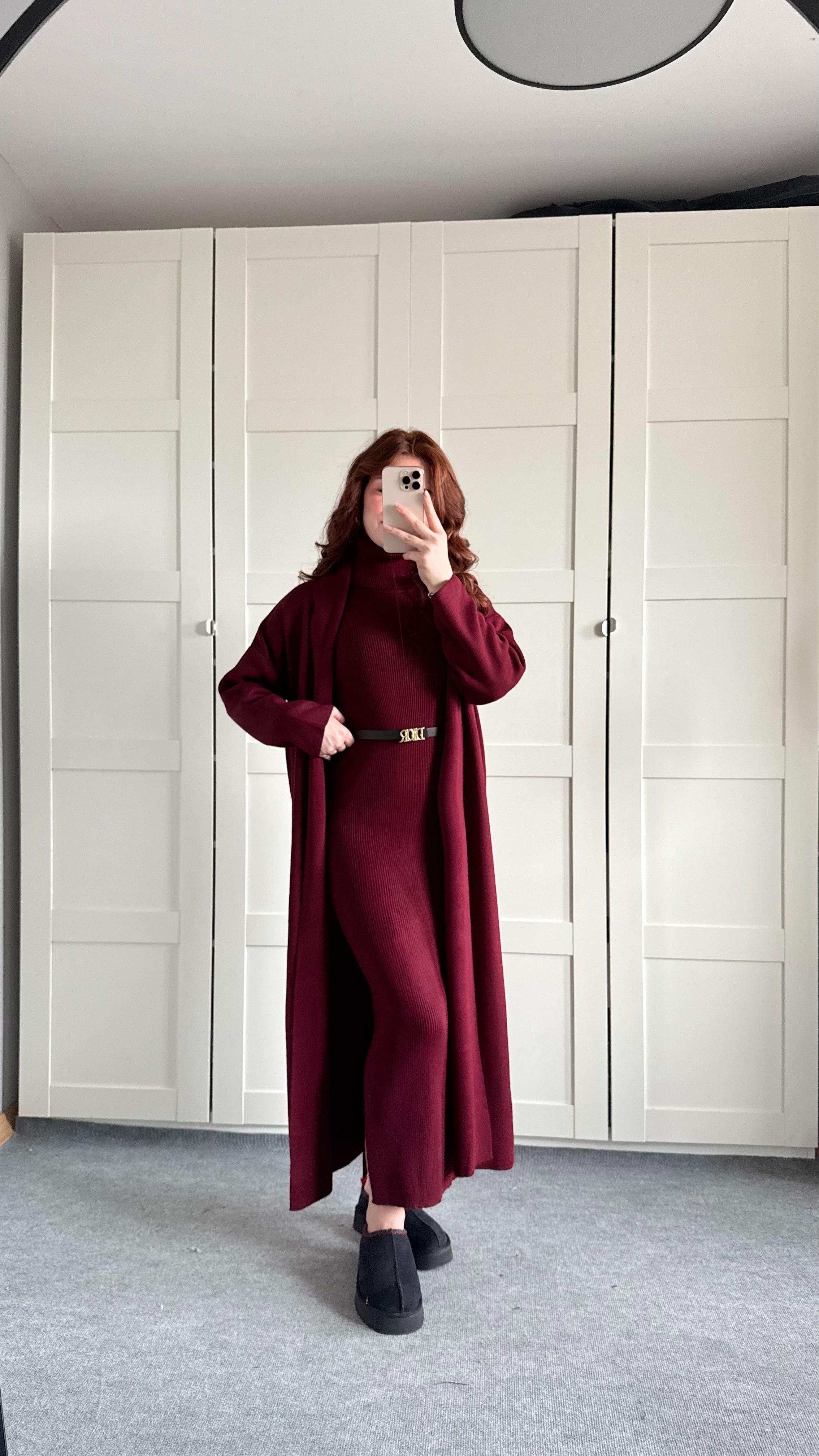 Triko Balıkçı Elbise Hırka Takım Bordo