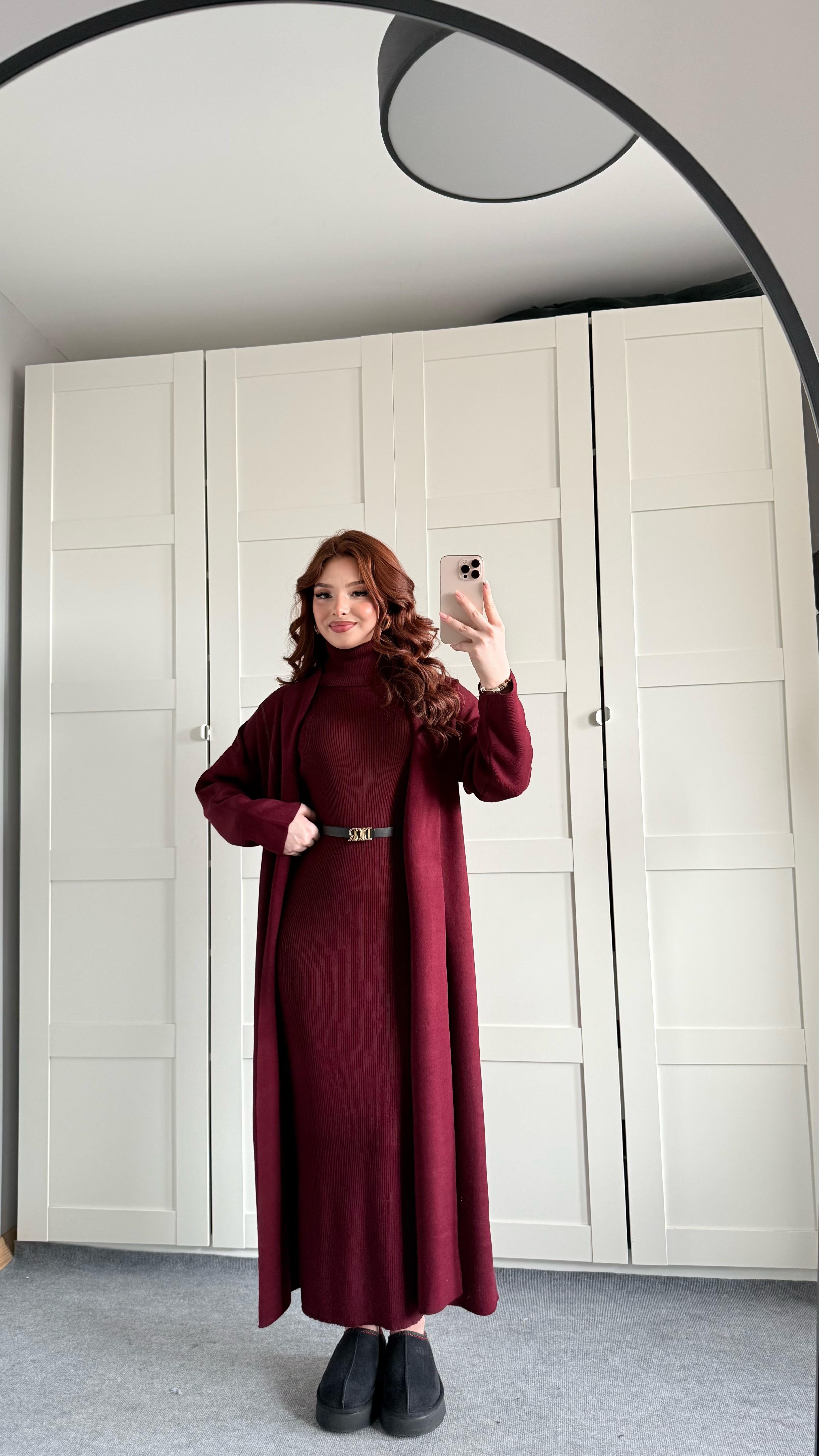 Triko Balıkçı Elbise Hırka Takım Bordo