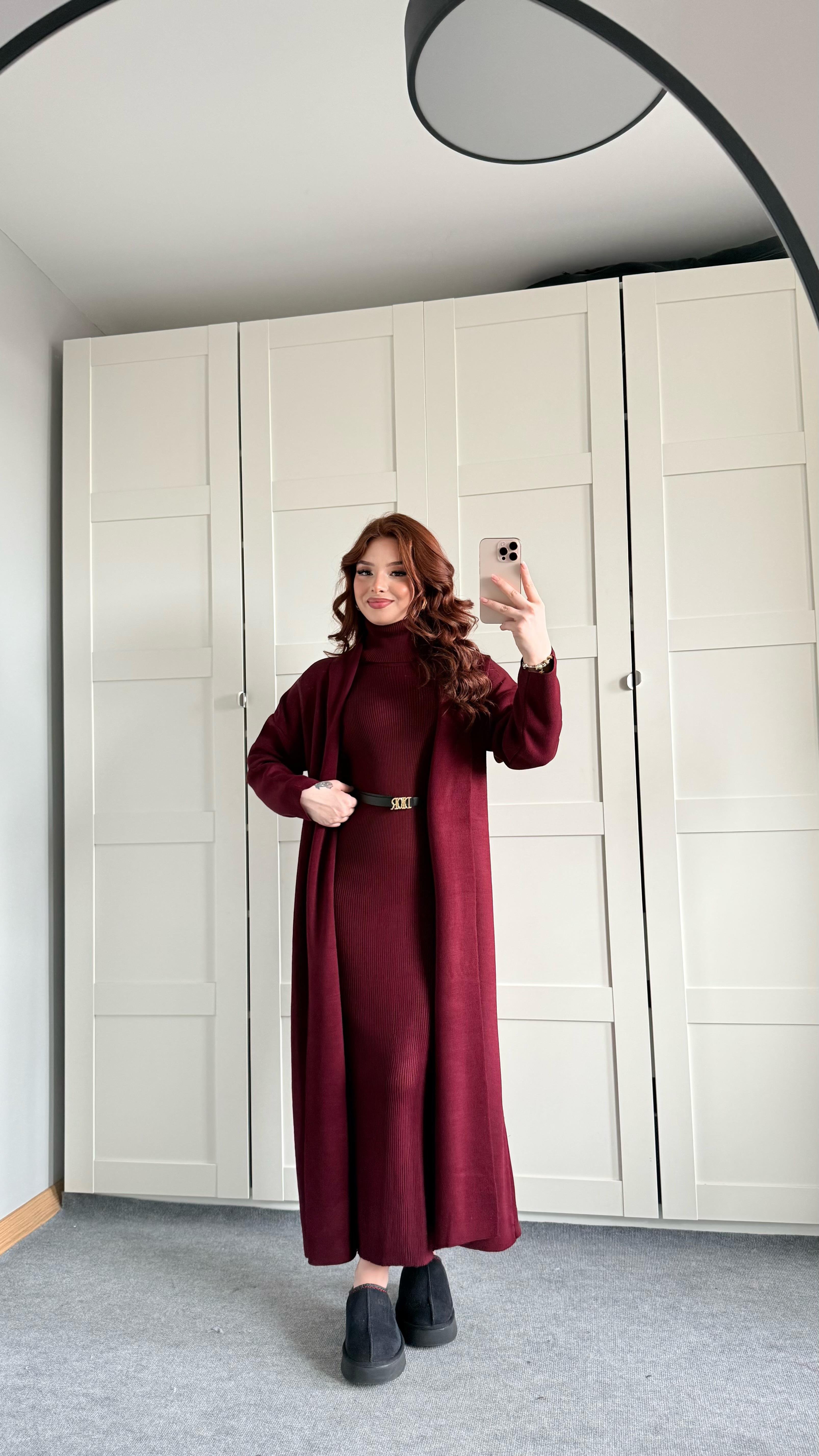 Triko Balıkçı Elbise Hırka Takım Bordo