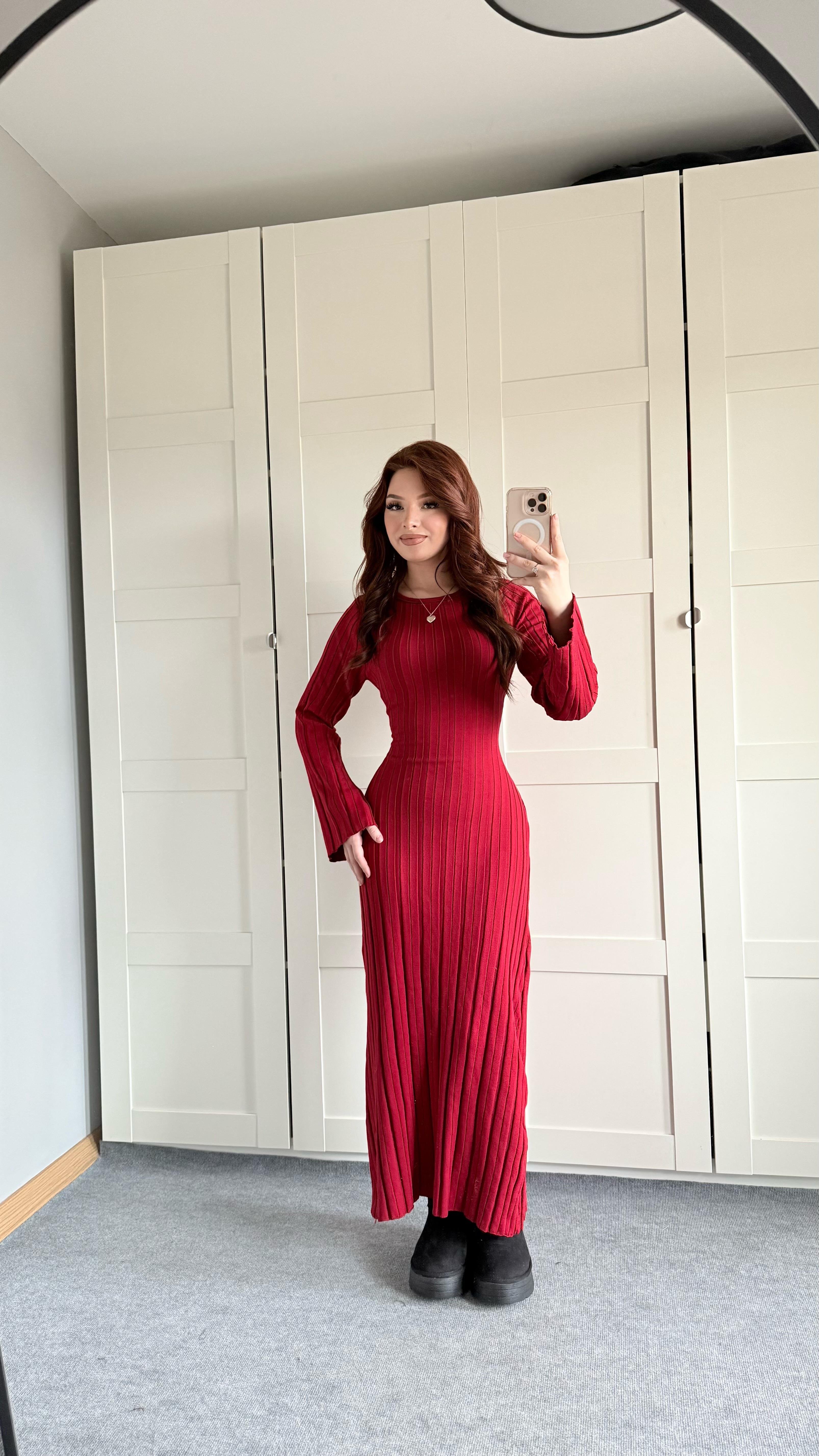 Triko Belden Bağlamalı Elbise Bordo